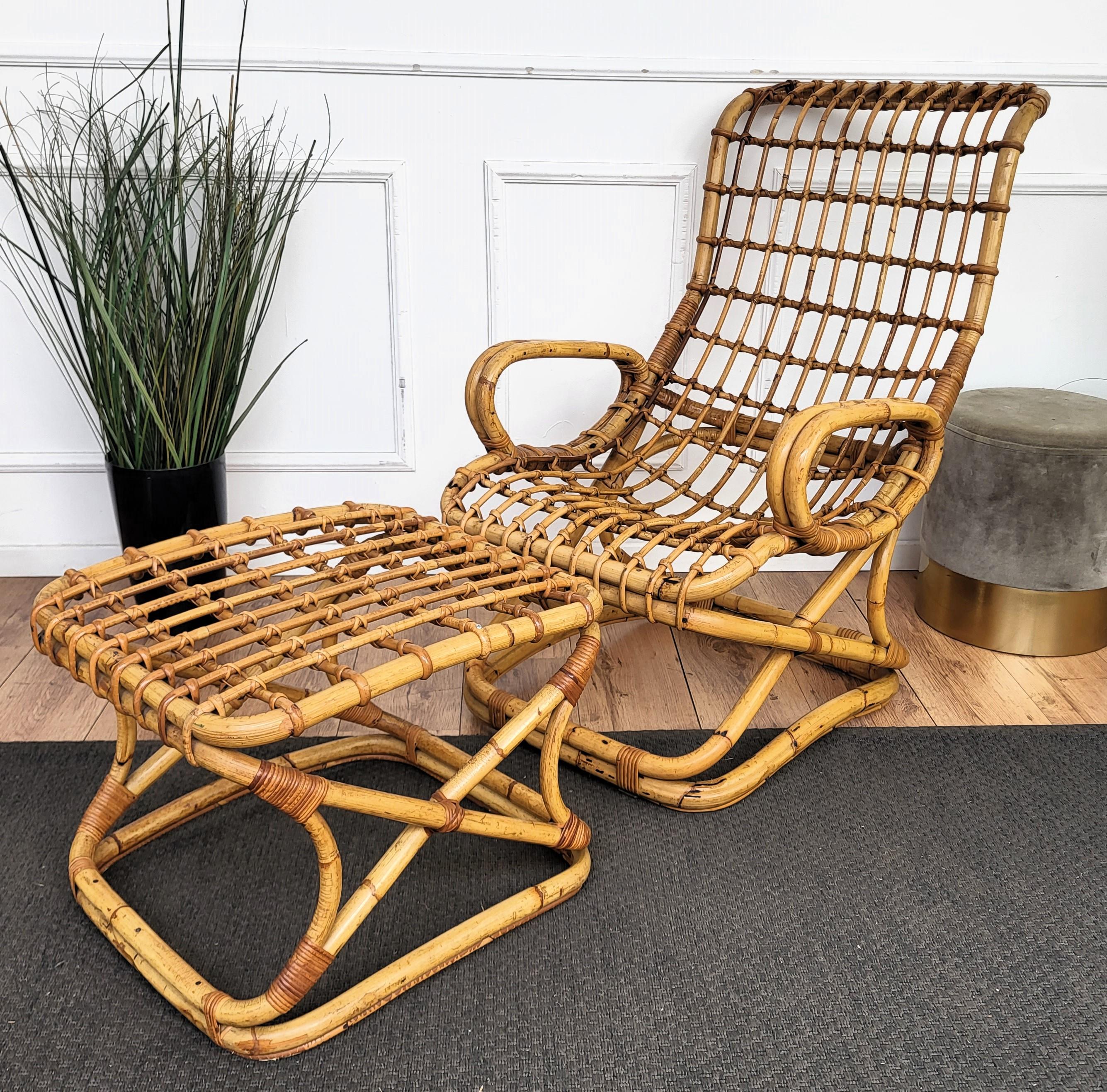 French Provincial Tito Agnoli mod. Punto Virgola Bamboo Rattan Lounge Chair Ottoman, Italy 1960s For Sale
