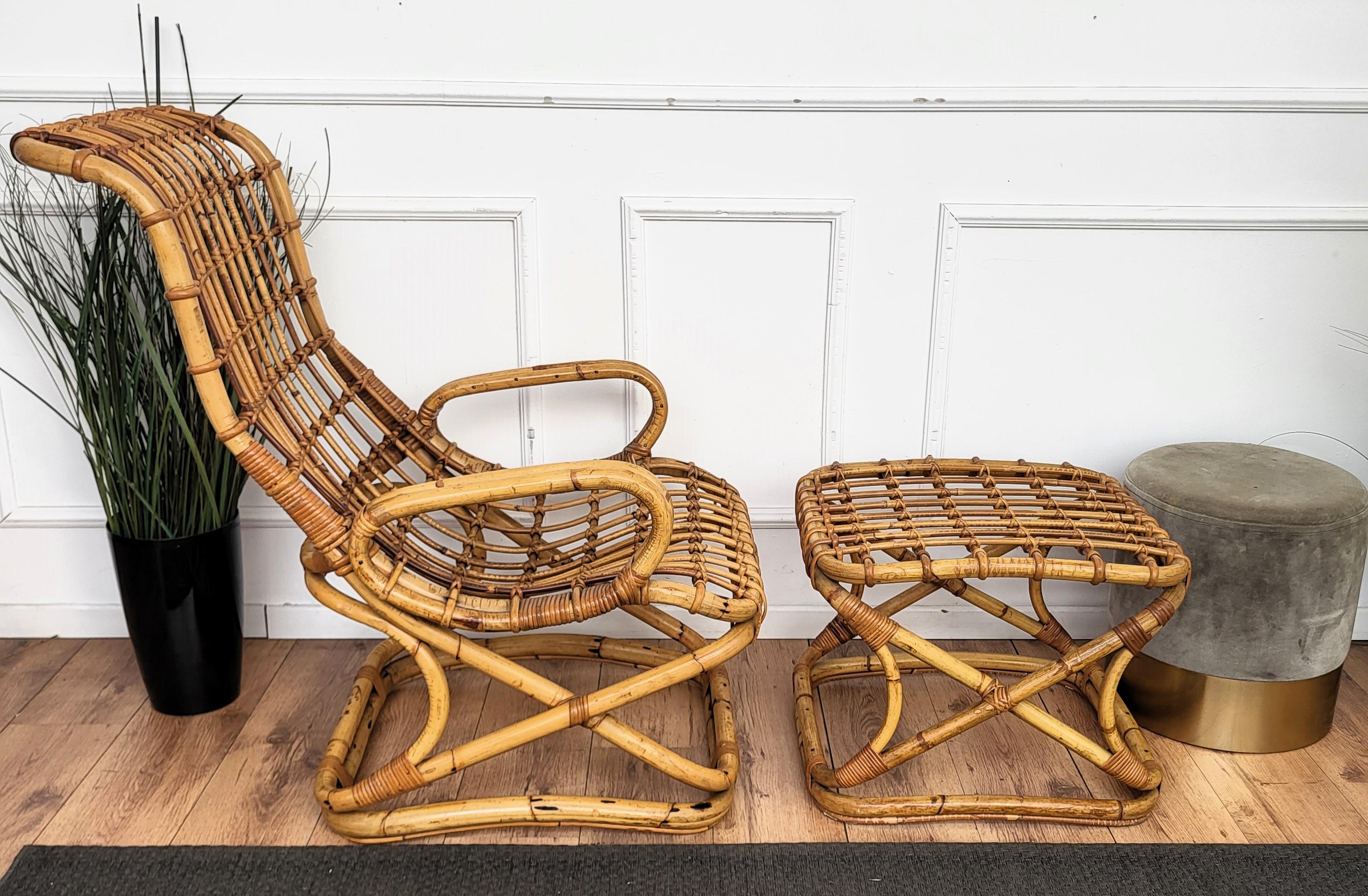 20th Century Tito Agnoli mod. Punto Virgola Bamboo Rattan Lounge Chair Ottoman, Italy 1960s For Sale