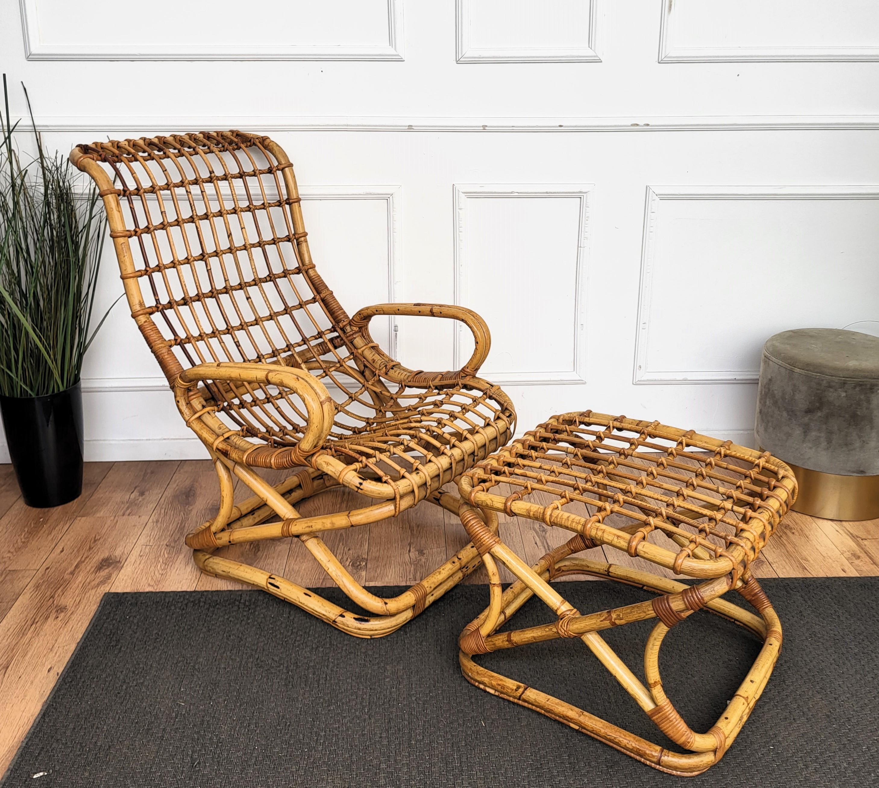Tito Agnoli mod. Punto Virgola Bamboo Rattan Lounge Chair Ottoman, Italy 1960s For Sale 1
