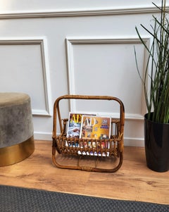 1960s Italian Bamboo Rattan Bohemian French Riviera Magazine Rack Stand