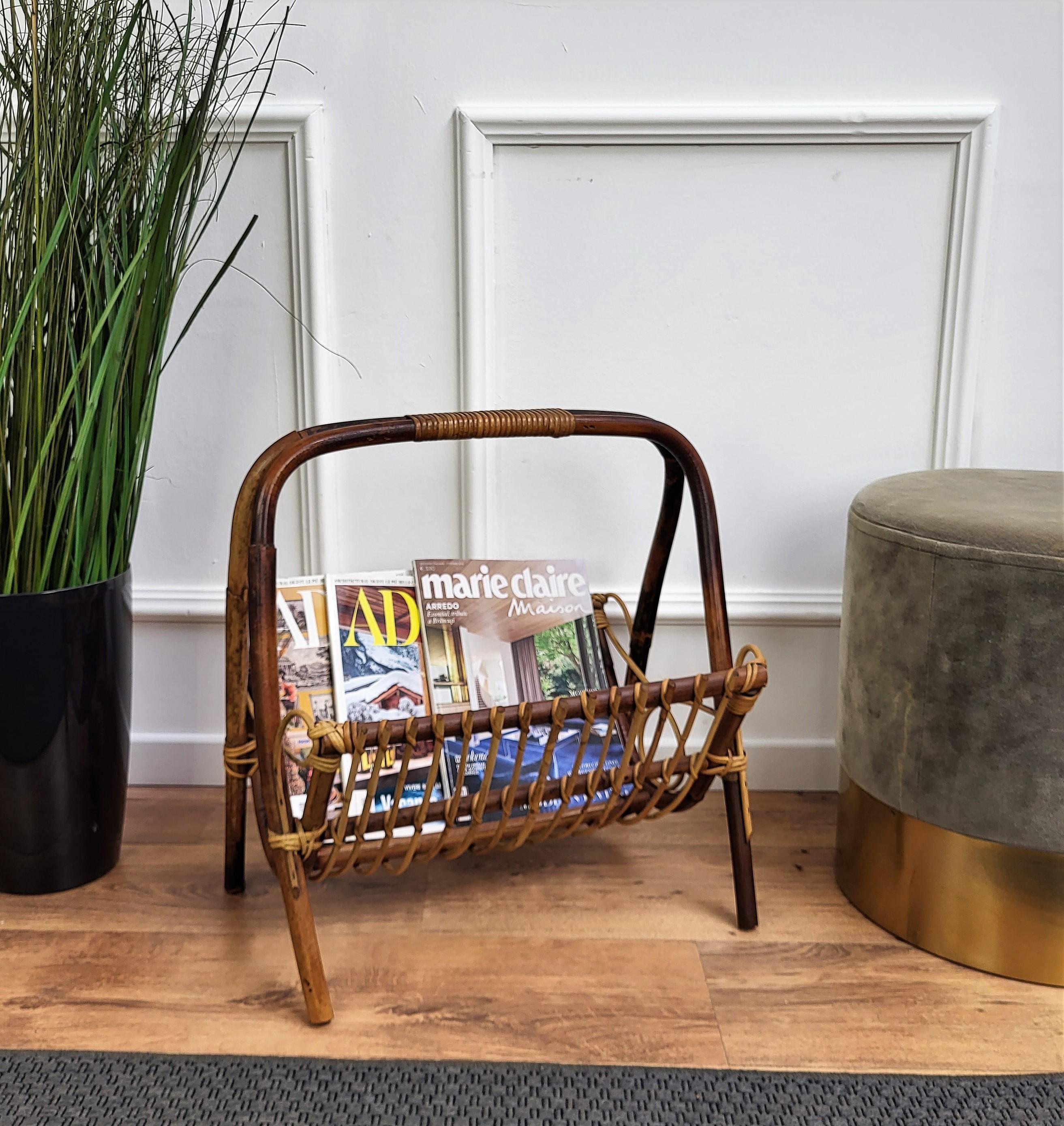Beautiful 1960s Italian Mid-Century Modern magazine rack stand in bamboo. The organic beauty of the woven materials is timeless and Classic, making bamboo and rattan furniture incredibly versatile. It’s equally at home on an airy casual porch or in