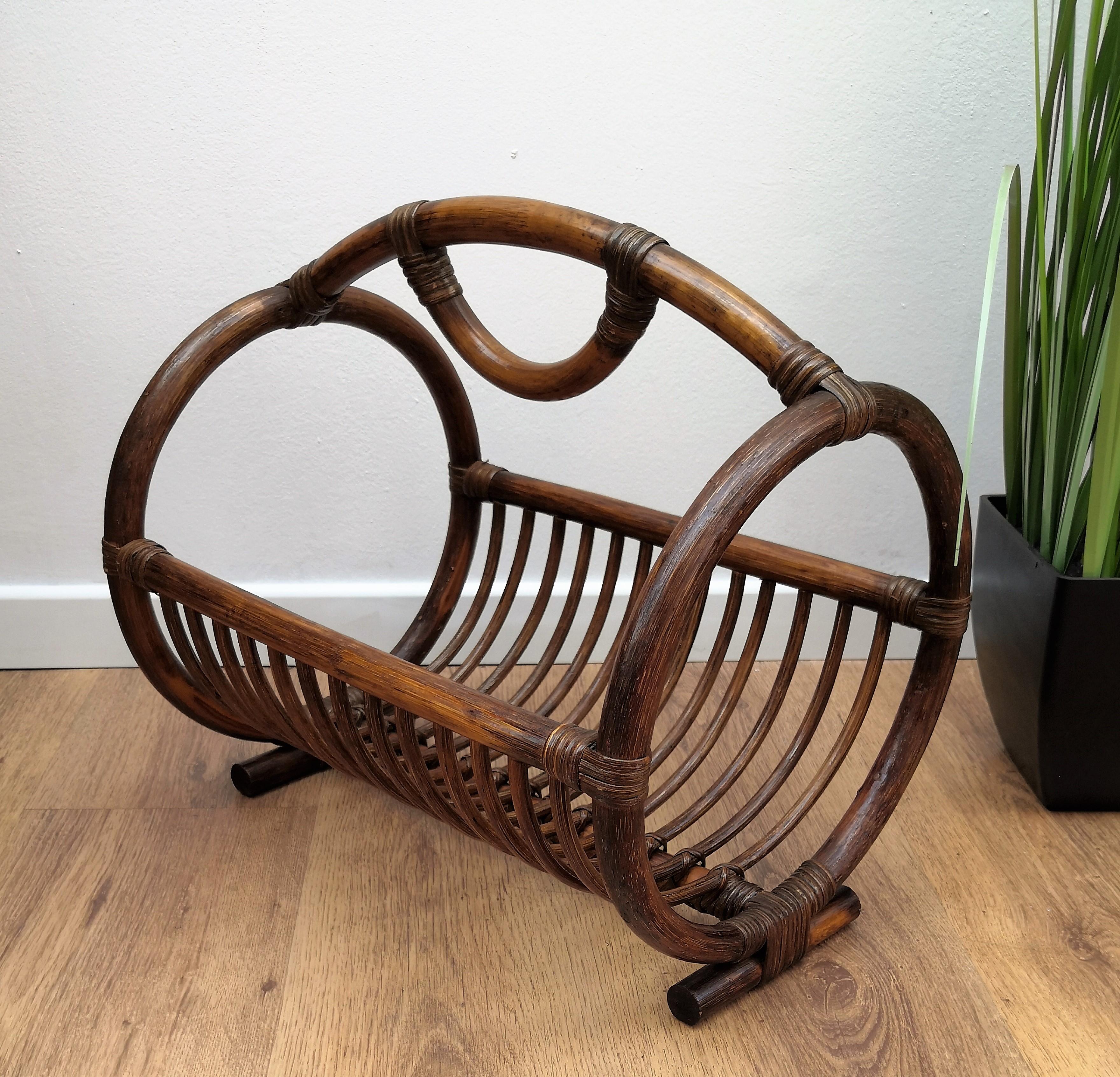 1960s Italian Bamboo & Rattan Bohemian French Riviera Magazine Rack Stand 1