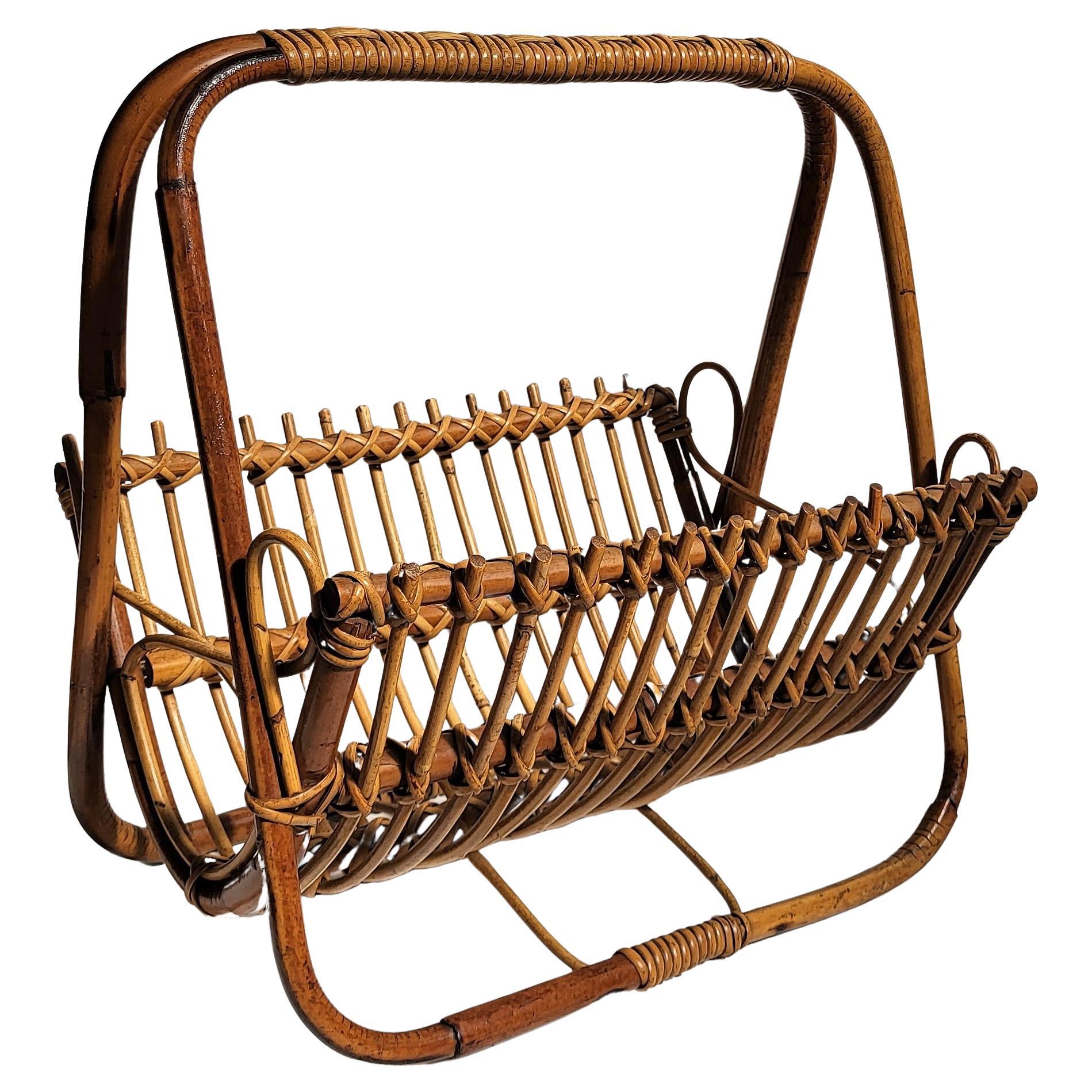 1960s Italian Bamboo Rattan Bohemian French Riviera Magazine Rack Stand