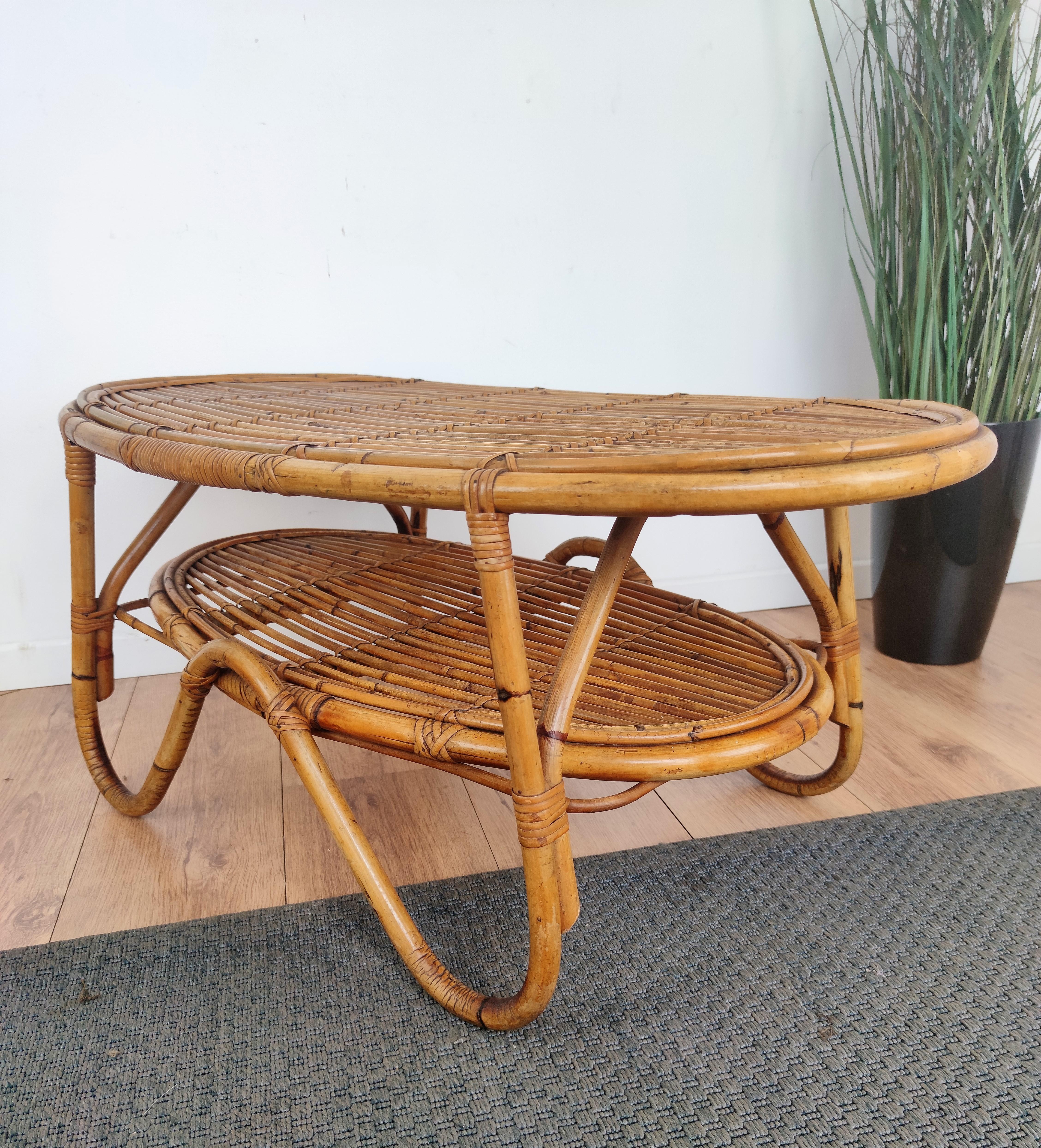 Organic Modern 1960s Italian Bamboo Rattan Bohemian French Riviera Oval Coffee or Accent Table