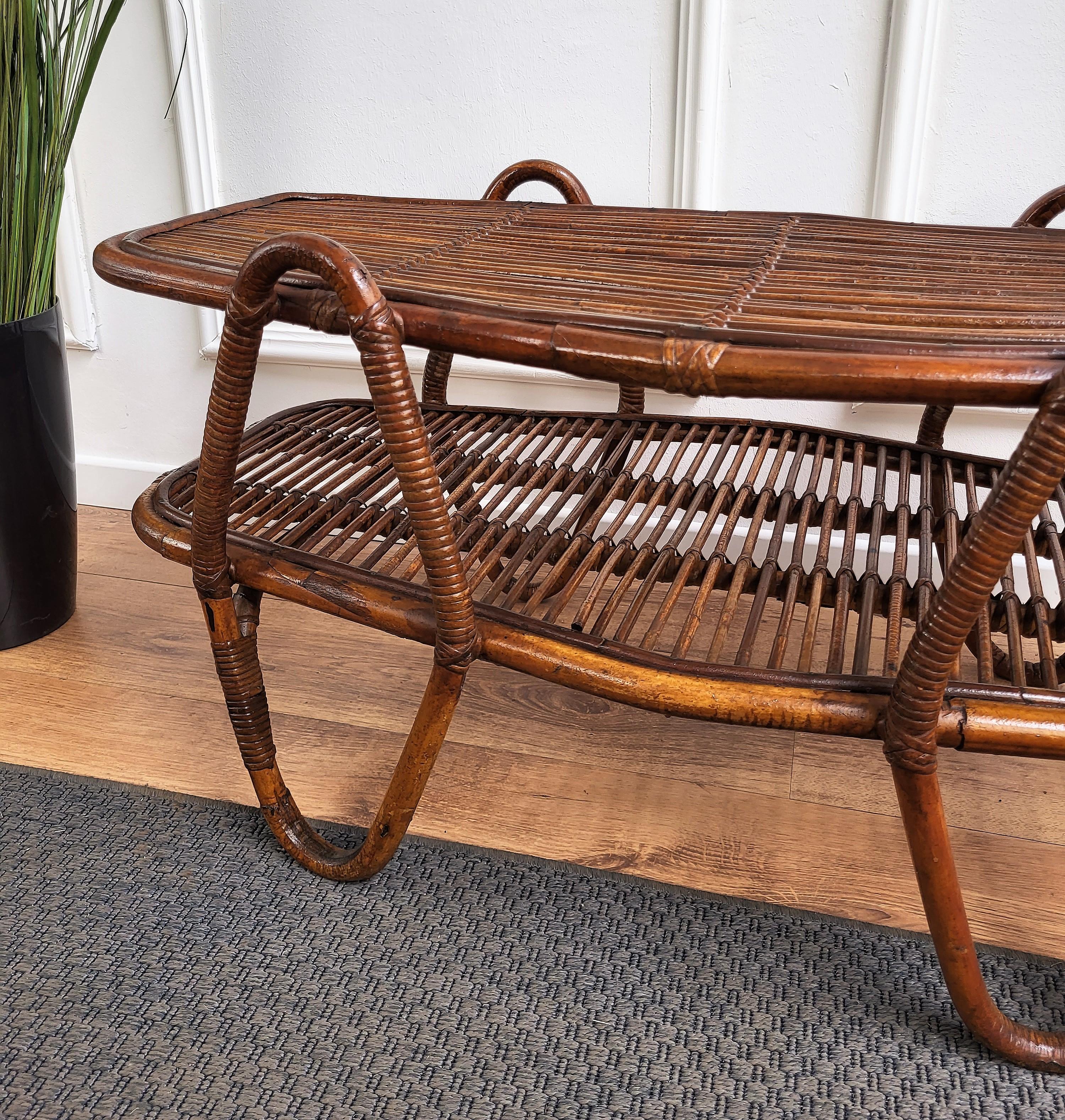 20th Century 1960s Italian Bamboo Rattan Bohemian French Riviera Oval Coffee or Accent Table