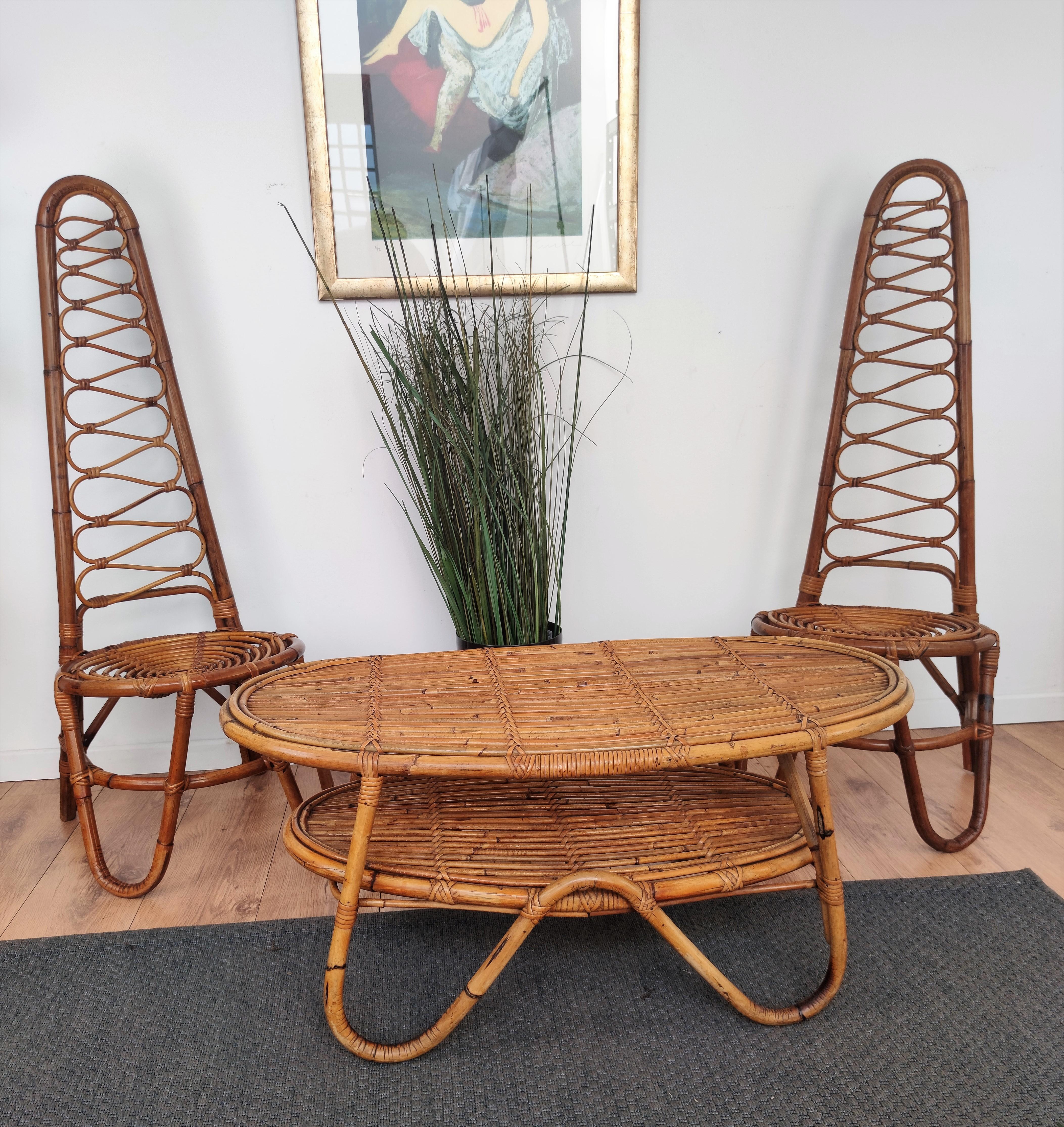 1960s Italian Bamboo Rattan Bohemian French Riviera Oval Coffee or Accent Table 3