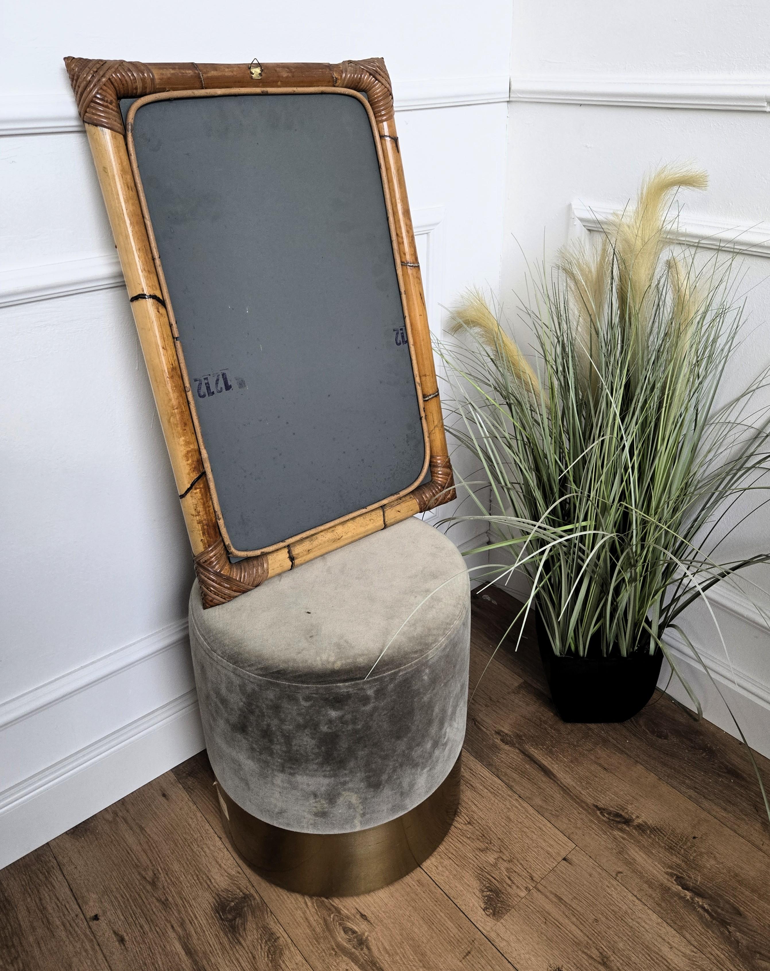 20ième siècle Miroir rectangulaire en bambou et rotin de Bohème de la Côte d'Azur des années 1960 en vente