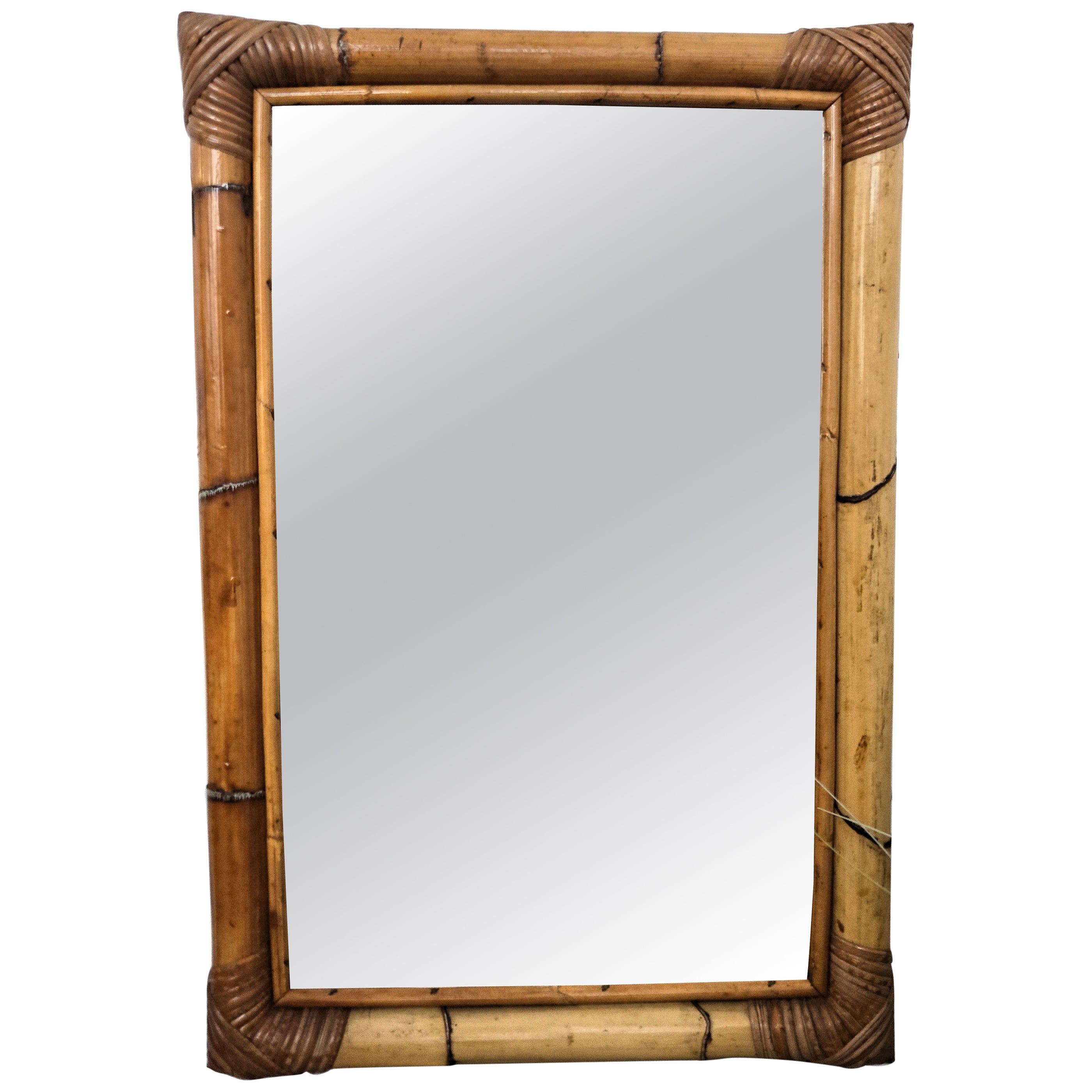 Miroir rectangulaire en bambou et rotin de Bohème de la Côte d'Azur des années 1960 en vente