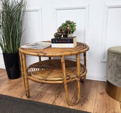 1960s Italian Bamboo Rattan Bohemian French Riviera Round Coffee or Accent Table