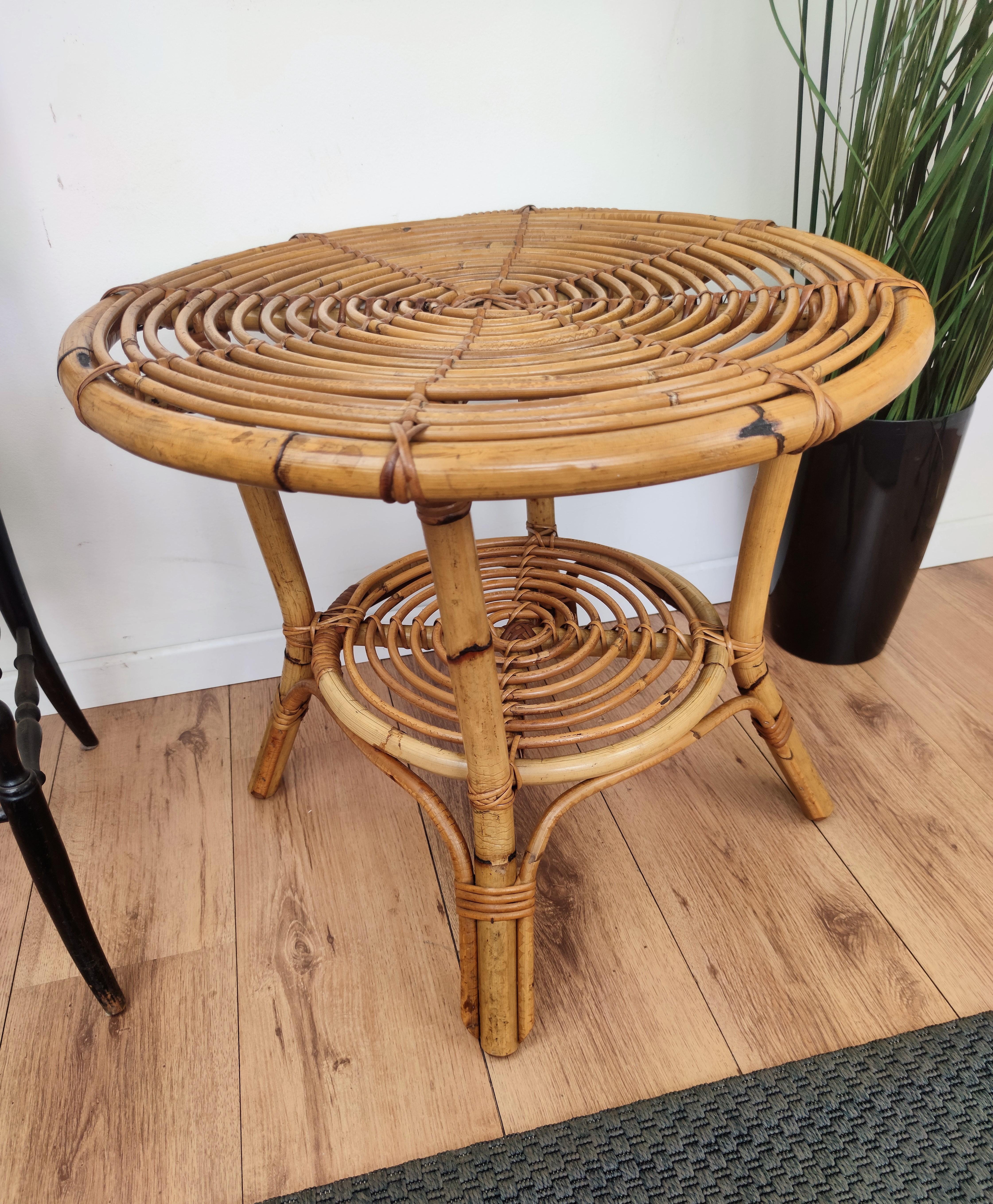 French Provincial 1960s Italian Bamboo Rattan Bohemian French Riviera Round Coffee or Accent Table