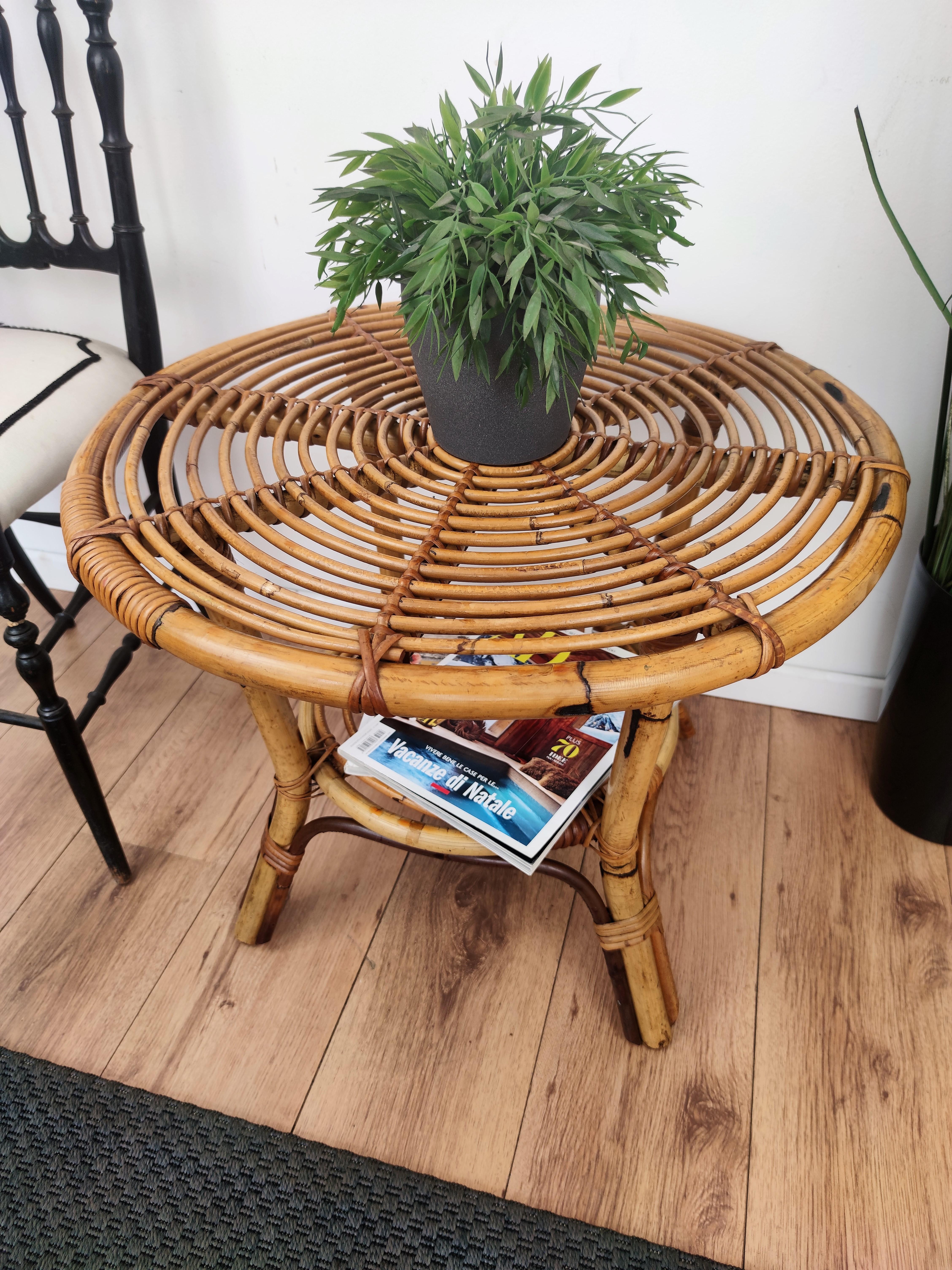 20th Century 1960s Italian Bamboo Rattan Bohemian French Riviera Round Coffee or Accent Table