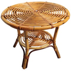 1960s Italian Bamboo Rattan Bohemian French Riviera Round Coffee or Accent Table