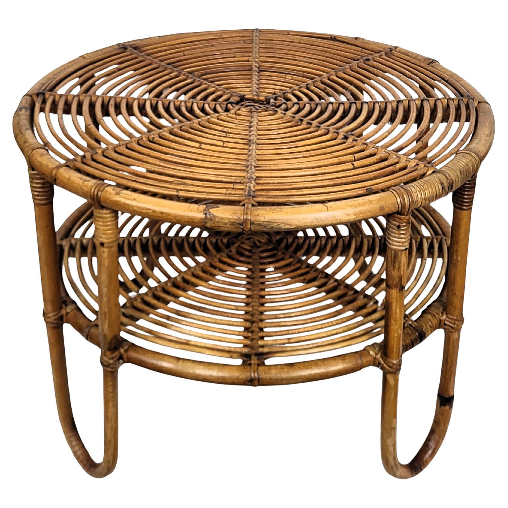 1960s Italian Bamboo Rattan Bohemian French Riviera Round Coffee or Accent Table