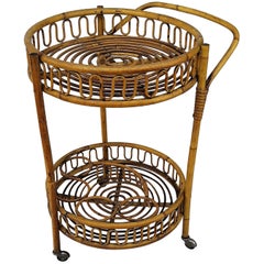 1960s Italian Bamboo Rattan Bohemian French Riviera Round Serving Bar Cart