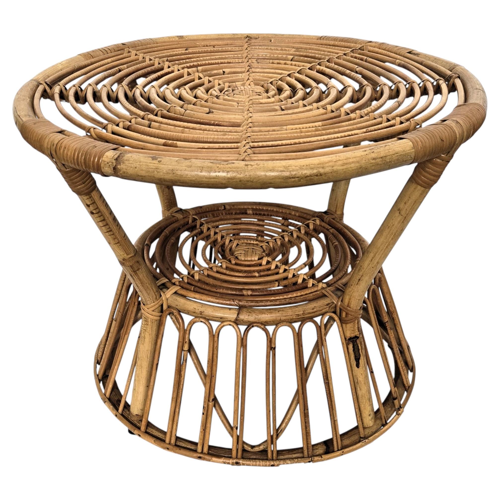 1960s Italian Bamboo Rattan Bohemian French Riviera Round Side Accent Table