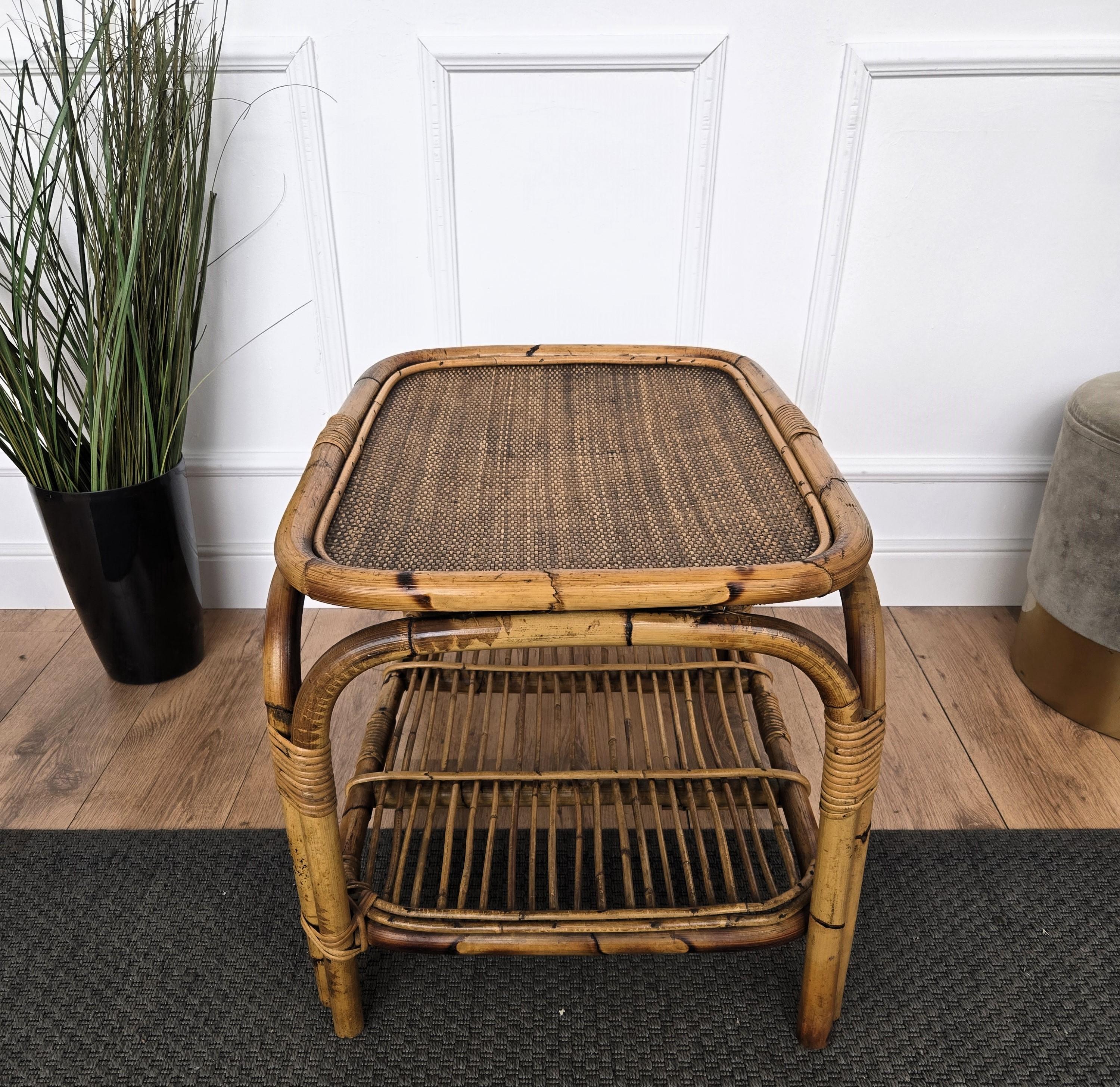 Italienischer Bambus-Rattan-Beistelltisch, Bohemian French Riviera, 1960er Jahre im Angebot 3