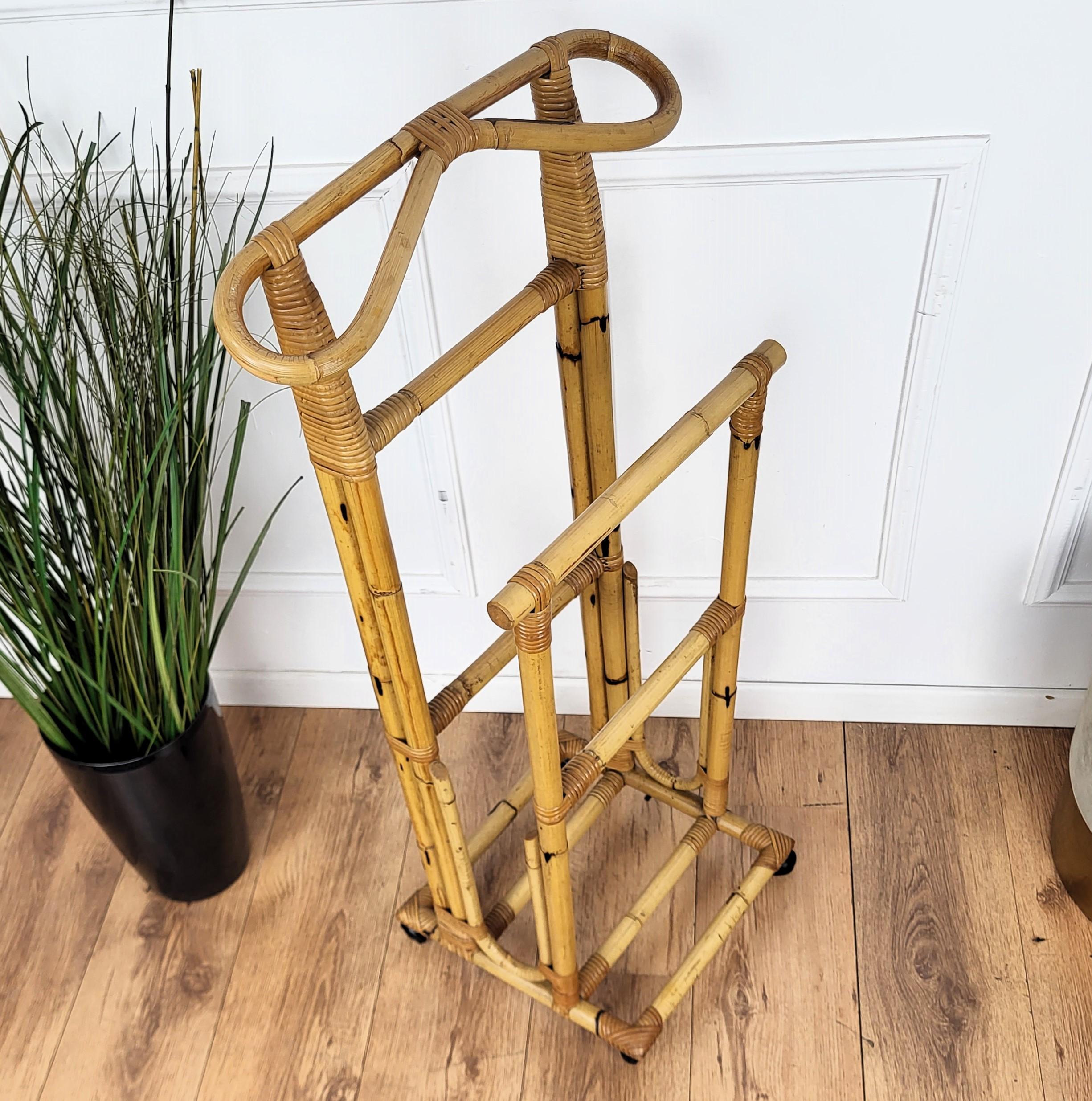 Organic Modern 1960s Italian Bamboo Rattan Bohemian French Riviera Valet Stand Dressboy For Sale