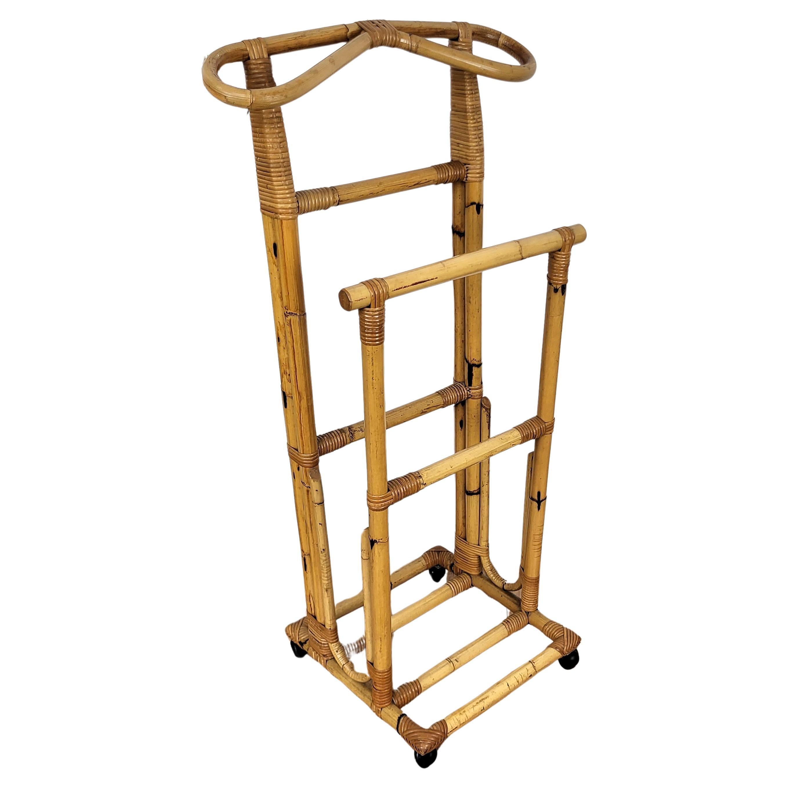 1960s Italian Bamboo Rattan Bohemian French Riviera Valet Stand Dressboy For Sale