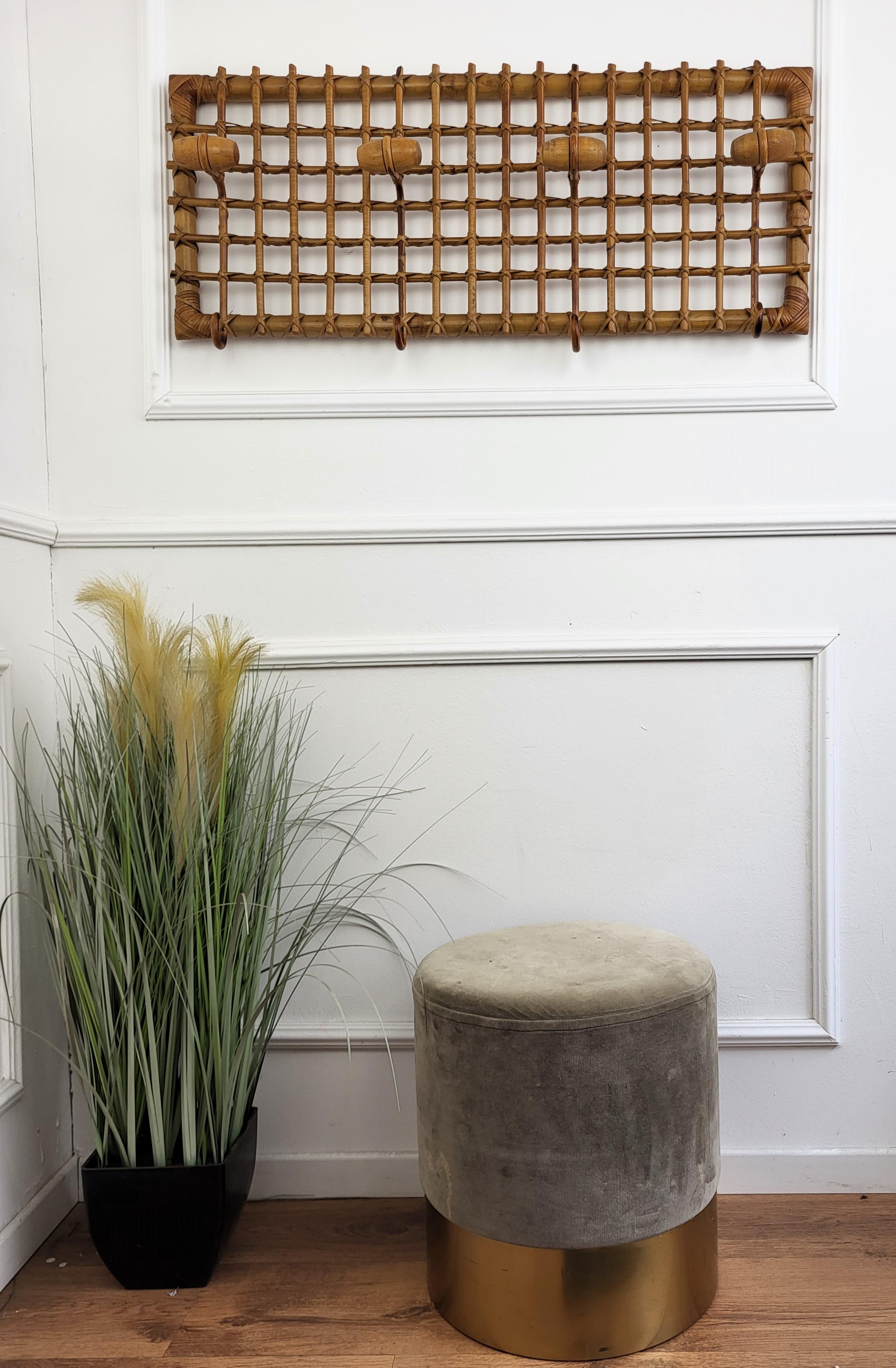 French Provincial 1960s, Italian Bamboo Rattan Bohemian French Riviera Wall Coat Hanger Rack Stand