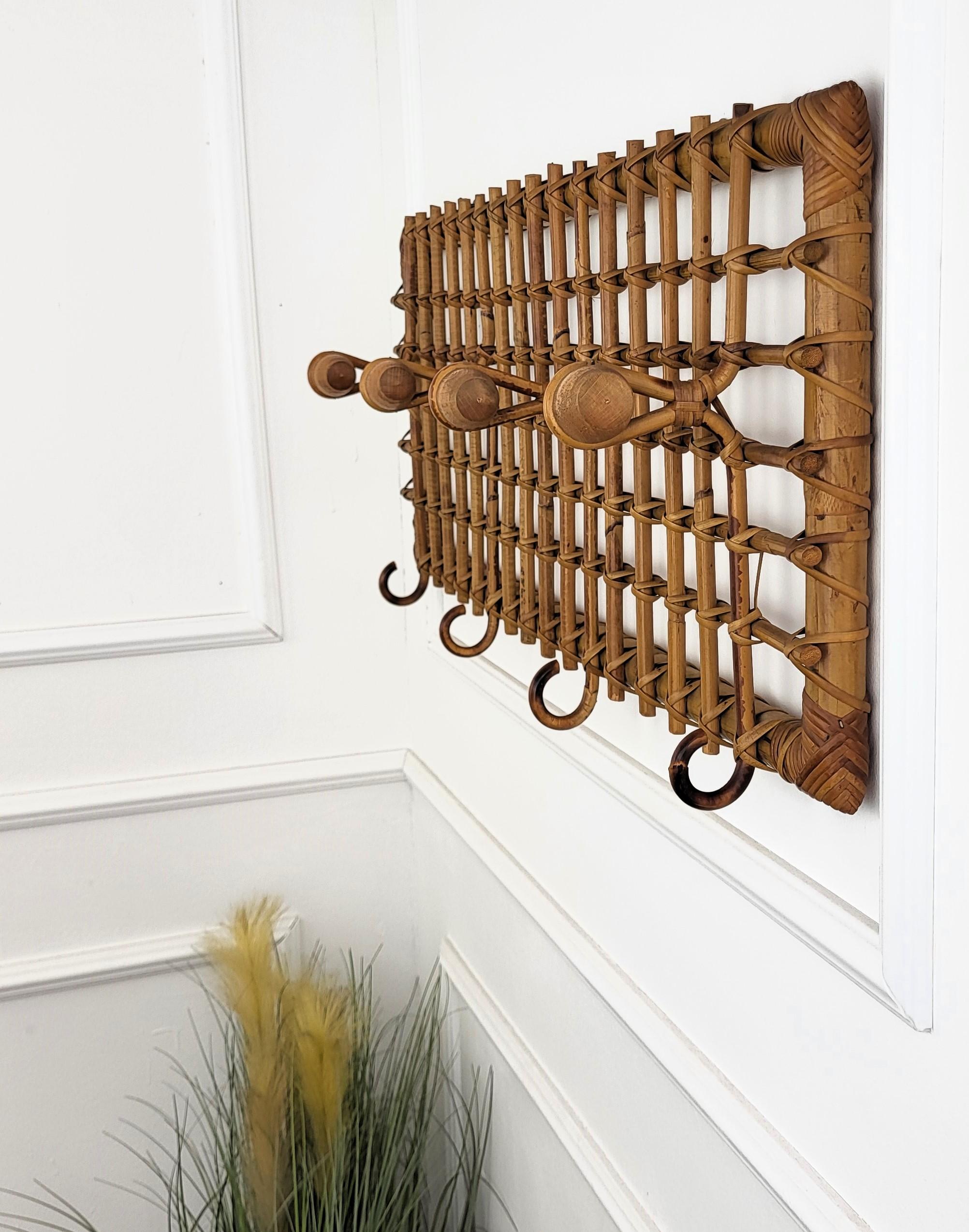 20th Century 1960s, Italian Bamboo Rattan Bohemian French Riviera Wall Coat Hanger Rack Stand
