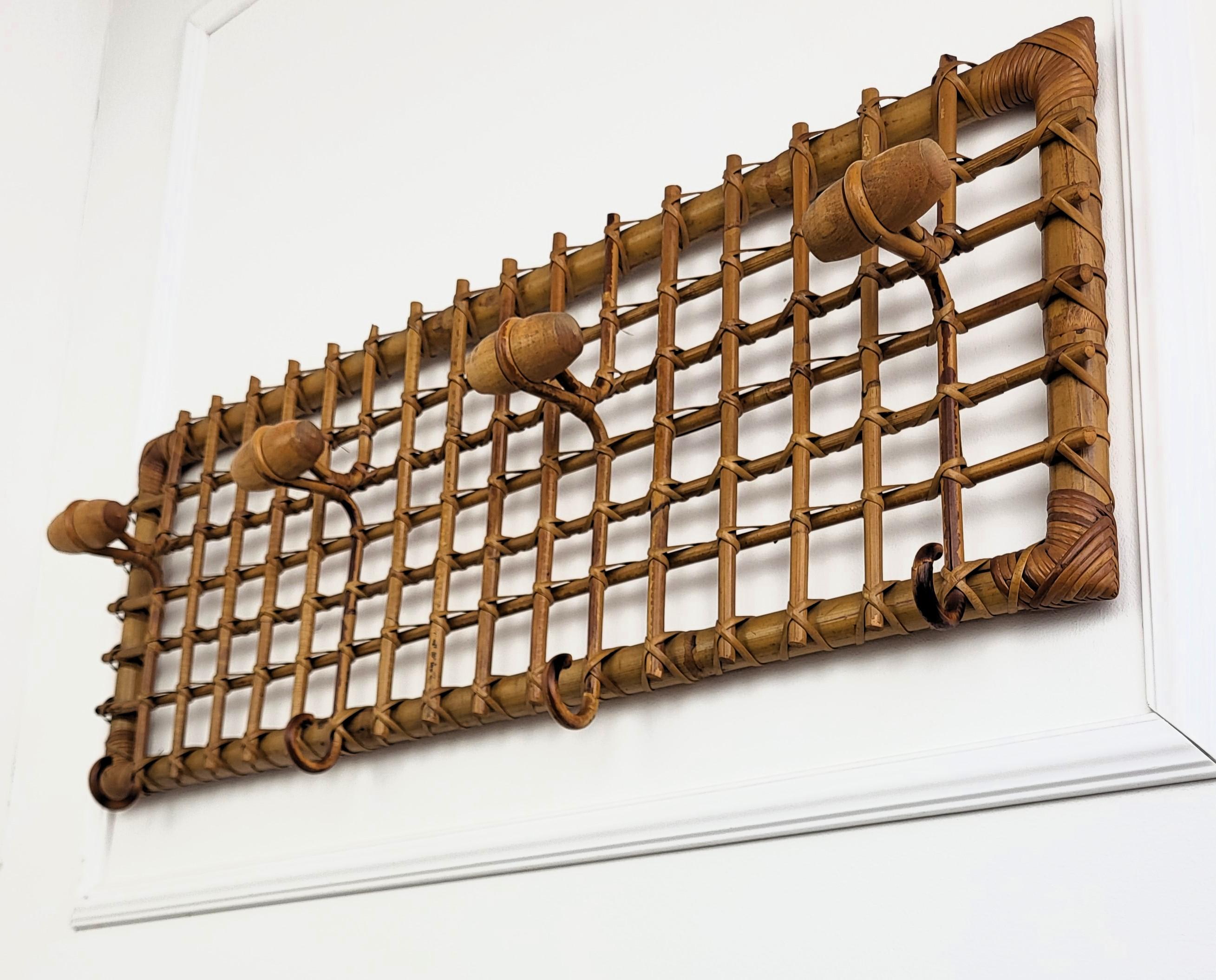 1960s, Italian Bamboo Rattan Bohemian French Riviera Wall Coat Hanger Rack Stand 1