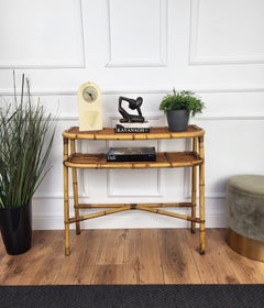1960s Italian Bamboo Rattan Bohemian French Riviera Wall Console Table