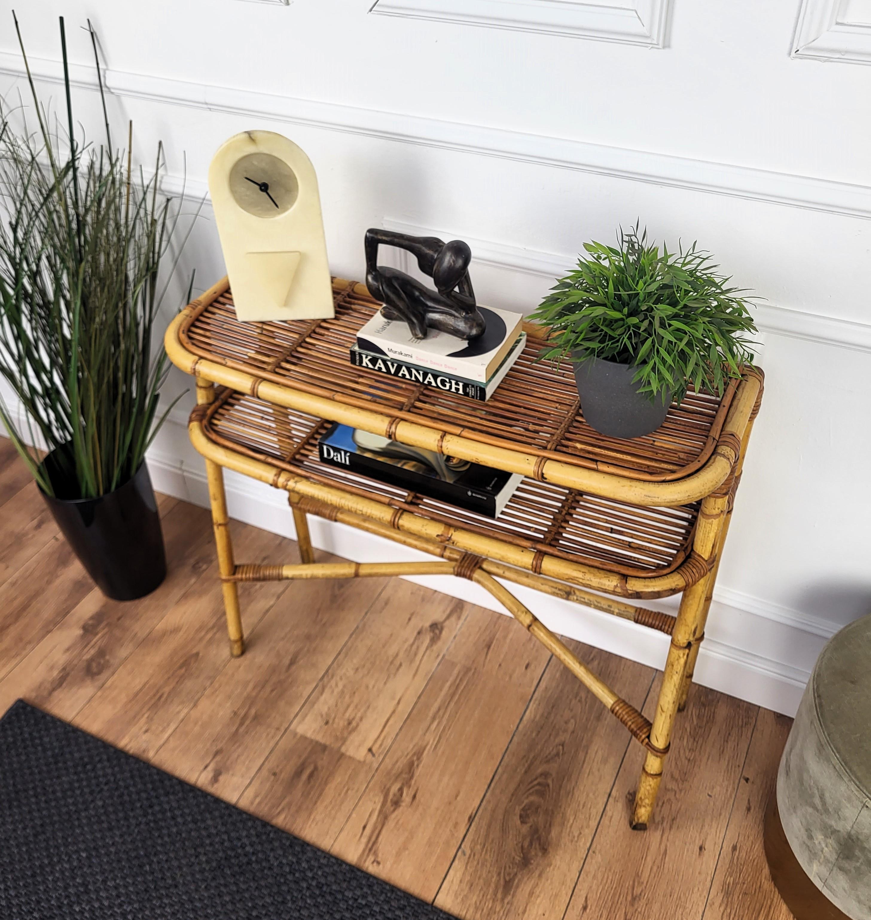 Organic Modern 1960s Italian Bamboo Rattan Bohemian French Riviera Wall Console Table