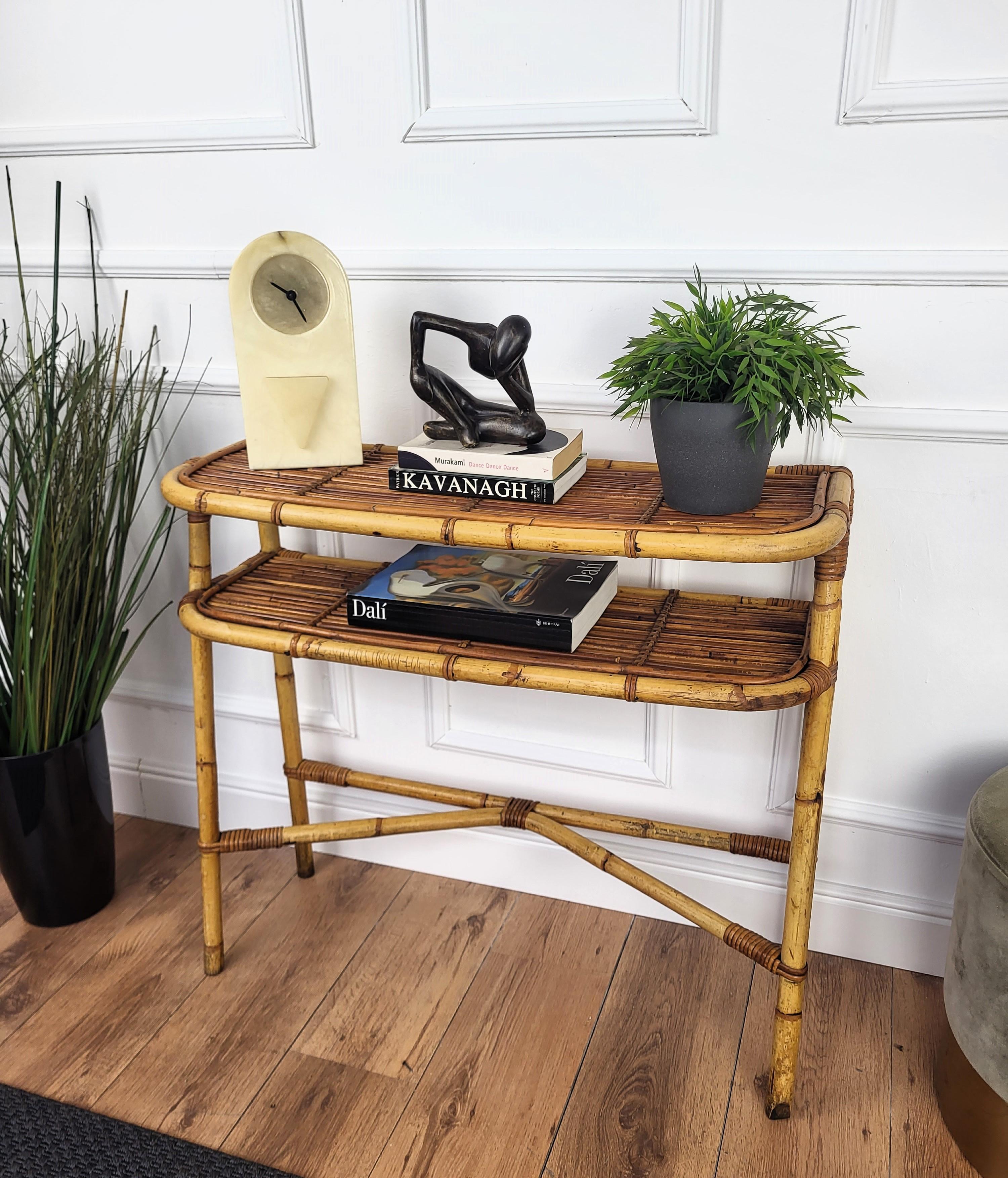 1960s Italian Bamboo Rattan Bohemian French Riviera Wall Console Table In Good Condition In Carimate, Como