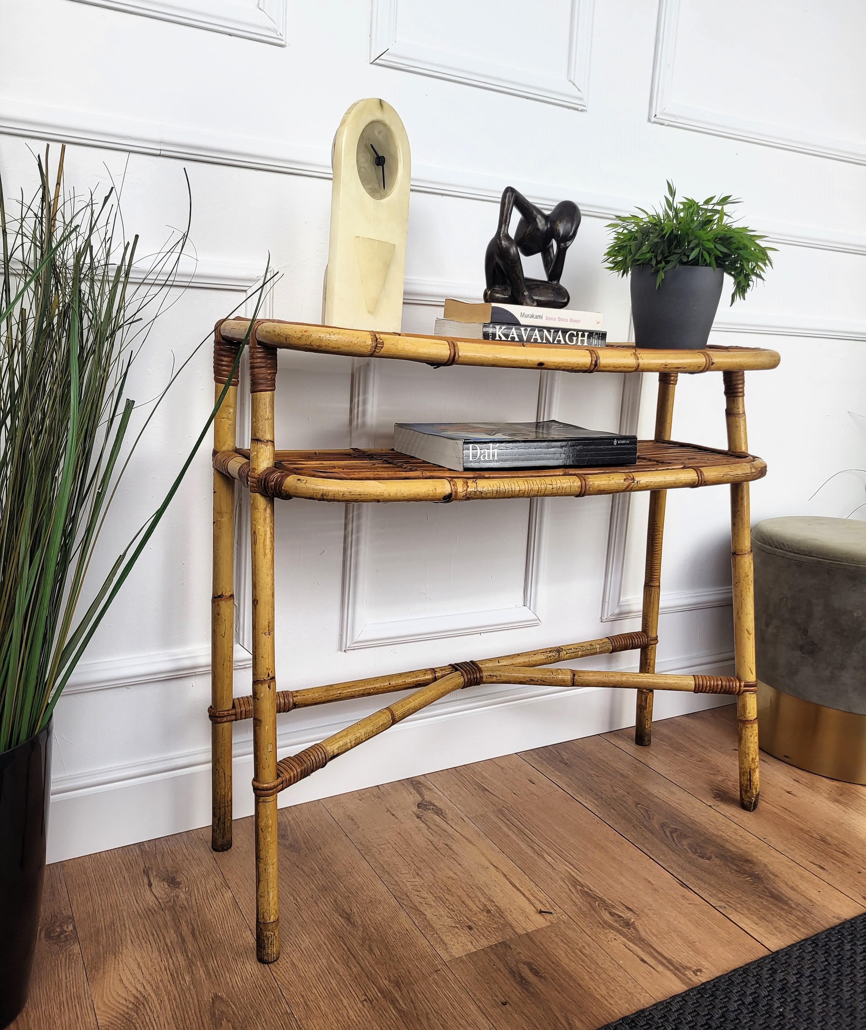 20th Century 1960s Italian Bamboo Rattan Bohemian French Riviera Wall Console Table