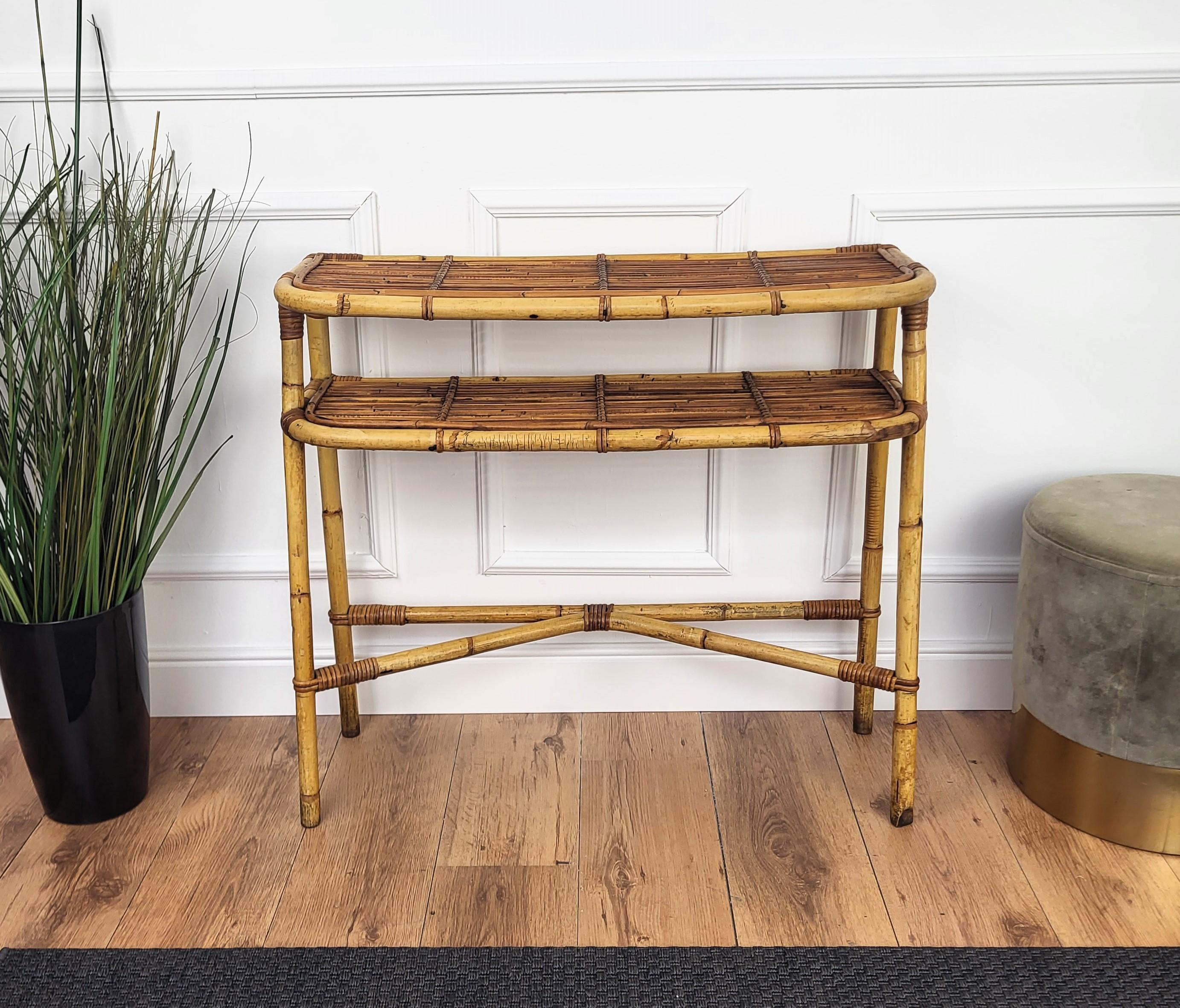 1960s Italian Bamboo Rattan Bohemian French Riviera Wall Console Table 2