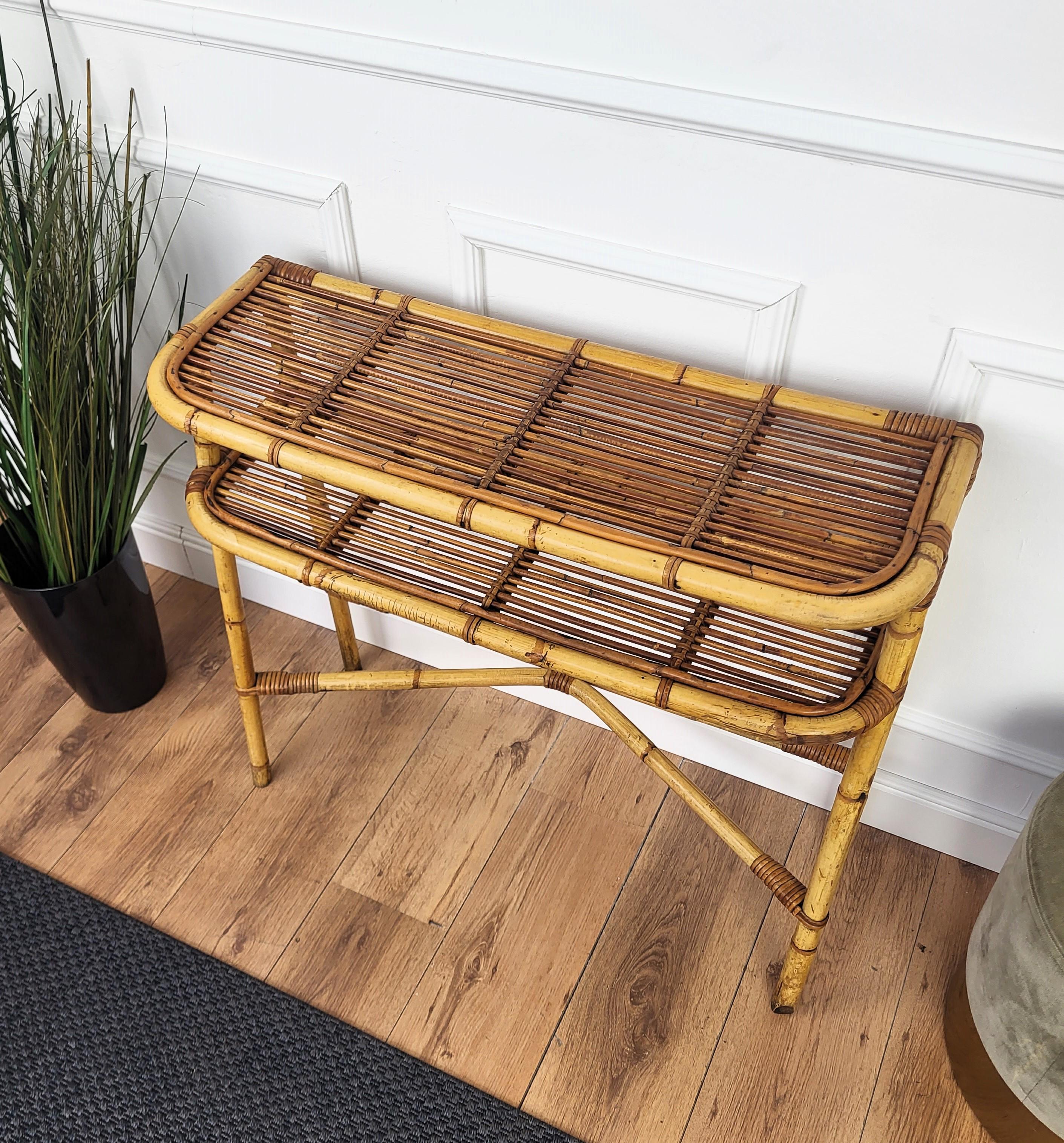 1960s Italian Bamboo Rattan Bohemian French Riviera Wall Console Table 3