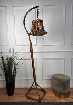 1960s Italian Bamboo Rattan Bohemian Modernist Tall Floor Lamp Hanging Lantern