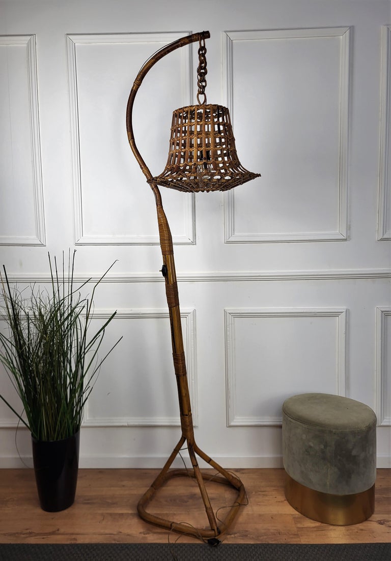 1960s Italian Bamboo Rattan Bohemian Modernist Tall Floor Lamp Hanging Lantern For Sale at 1stDibs
