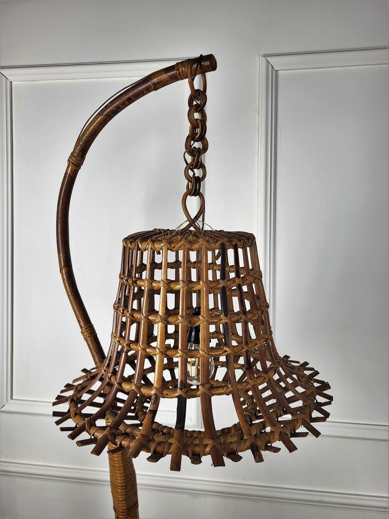 1960s Italian Bamboo Rattan Bohemian Modernist Tall Floor Lamp Hanging Lantern For Sale at 1stDibs