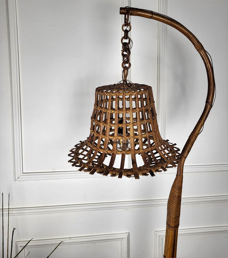 1960s Italian Bamboo Rattan Bohemian Modernist Tall Floor Lamp Hanging Lantern For Sale at 1stDibs