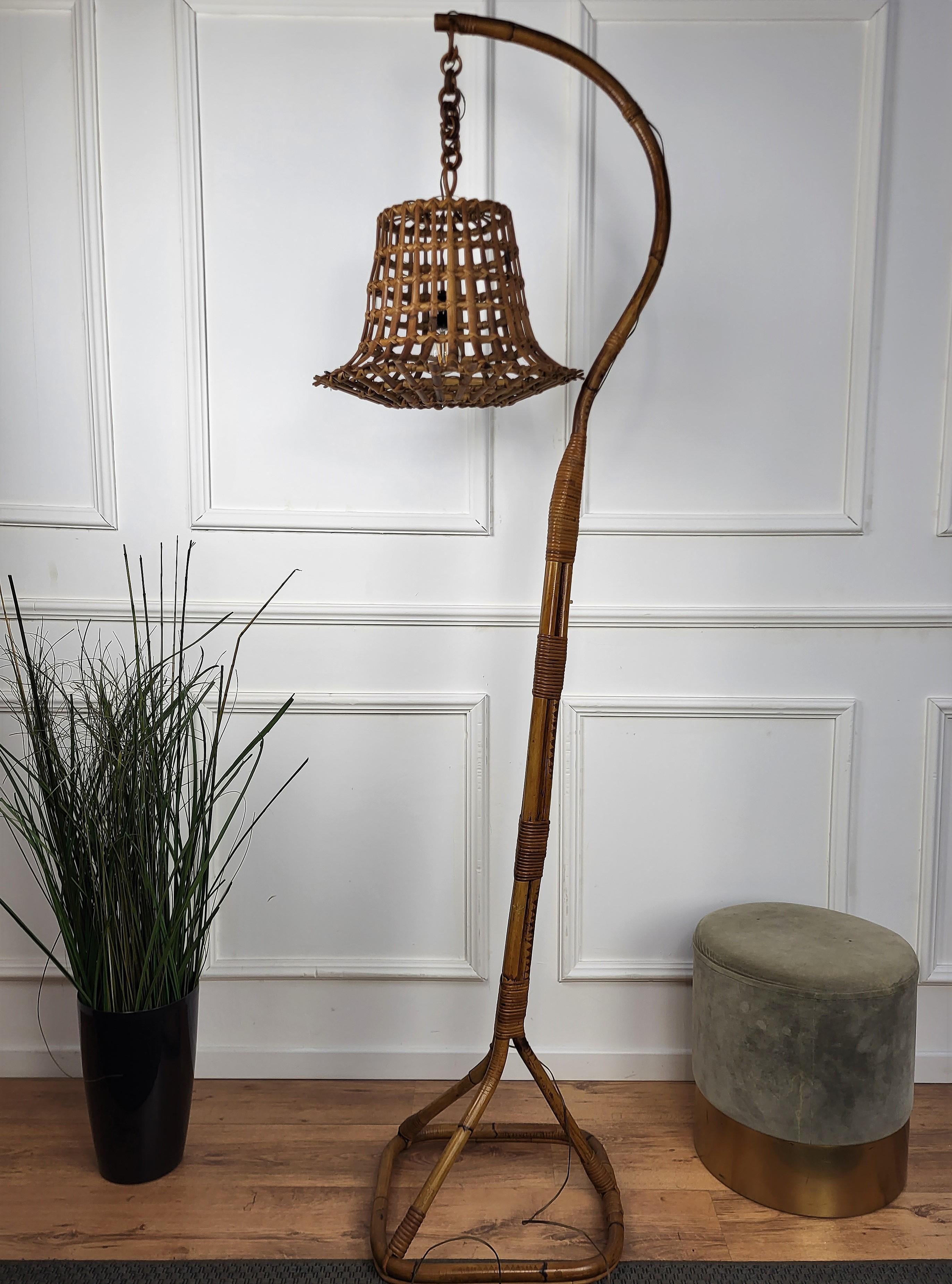1960s Italian Bamboo Rattan Bohemian Modernist Tall Floor Lamp Hanging Lantern For Sale 1