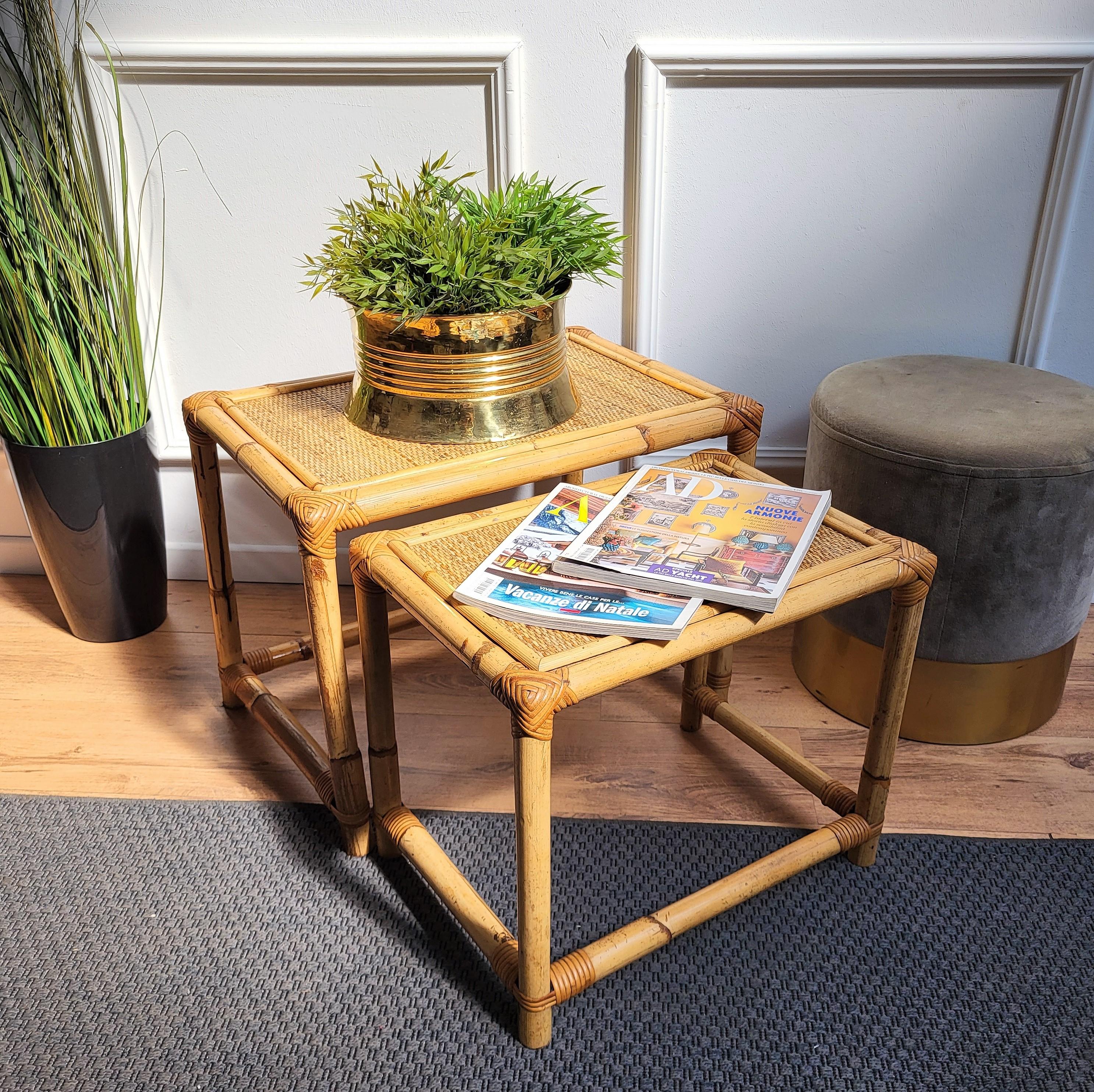 Beautiful 1960s Italian Mid-Century Modern nesting side tables or coffee tables, perfect in any entry hallway as well as next to a sofa or in any bathroom. This charming piece is in the typical style of Audoux and Minet where the organic beauty of