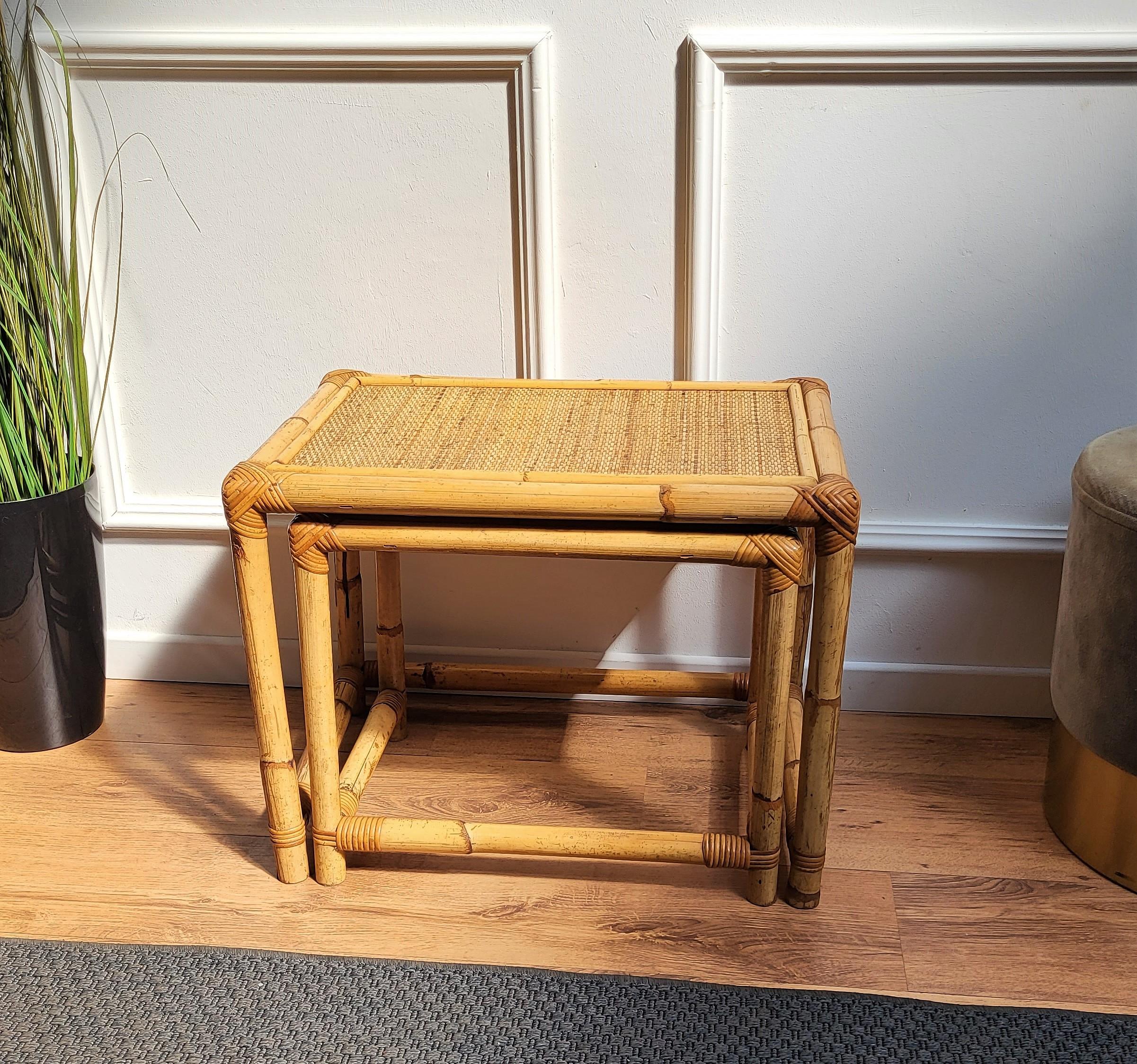 1960s Italian Bamboo Rattan Bohemian Nesting Side Table or Accent Table For Sale 2