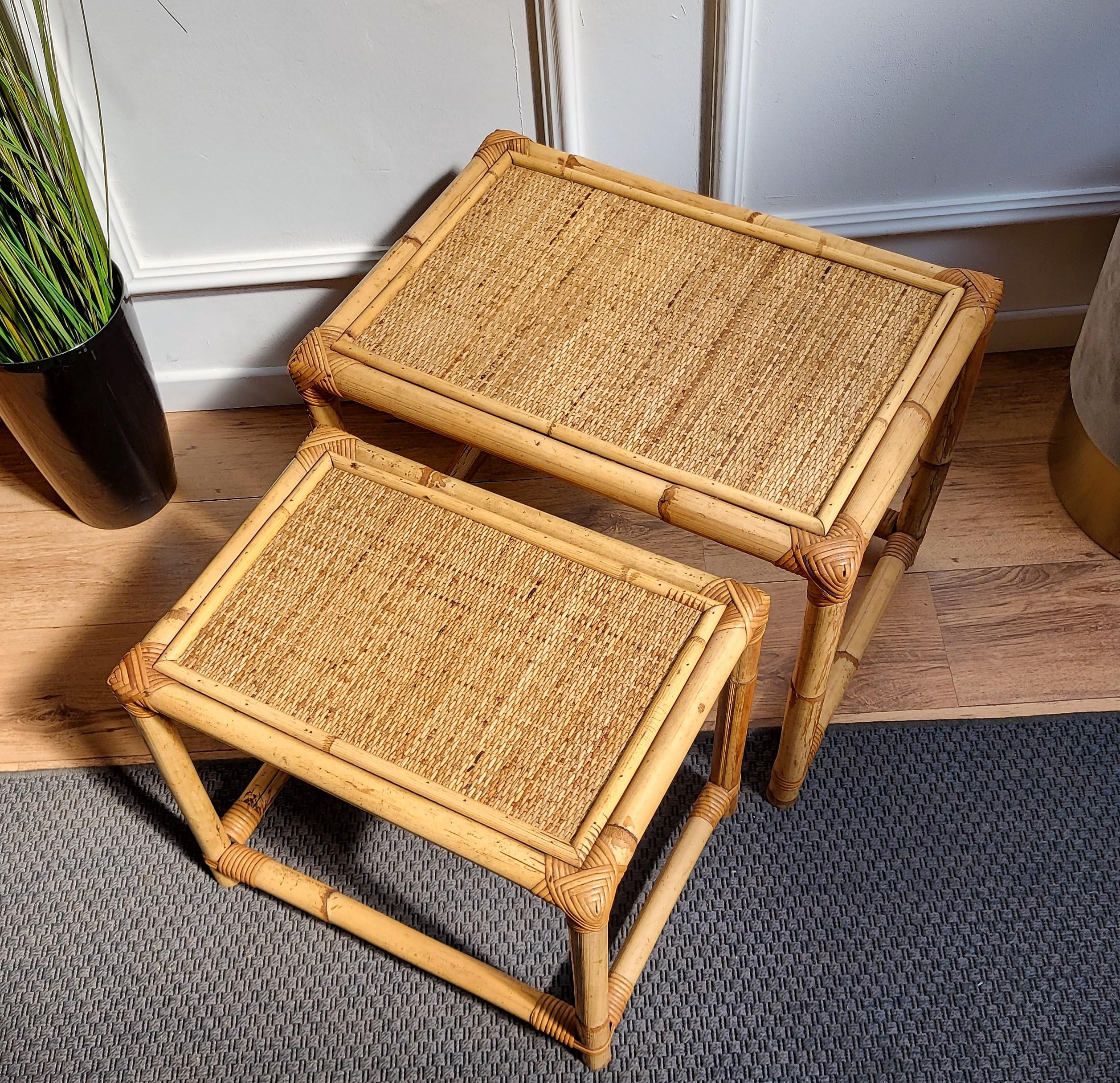 1960s Italian Bamboo Rattan Bohemian Nesting Side Table or Accent Table For Sale 3