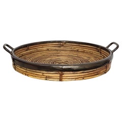 1960s Italian Bamboo Rattan Brass Bohemian French Riviera Serving Cocktail Tray