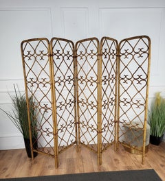 1960s Italian Bamboo Rattan Organic Bohemian 5 Panel Folding Screen Room Divider