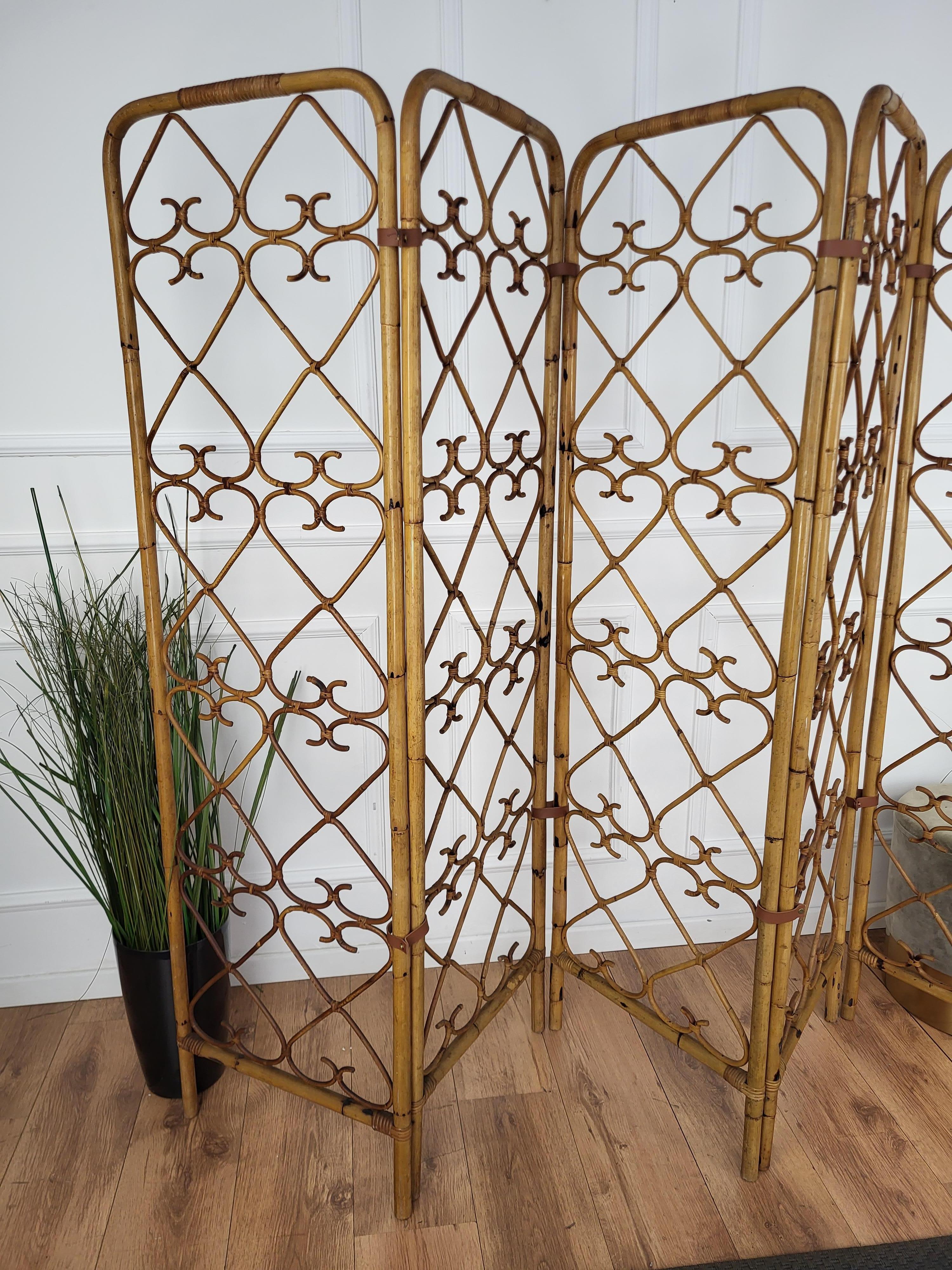 20th Century 1960s Italian Bamboo Rattan Organic Bohemian 5 Panel Folding Screen Room Divider