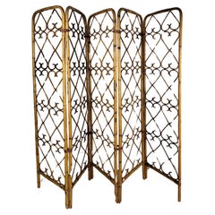 Vintage 1960s Italian Bamboo Rattan Organic Bohemian 5 Panel Folding Screen Room Divider