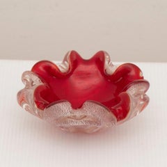 1960s Italian Barovier & Taso Murano Glass Ruby Red & Silver Inclusions Bowl