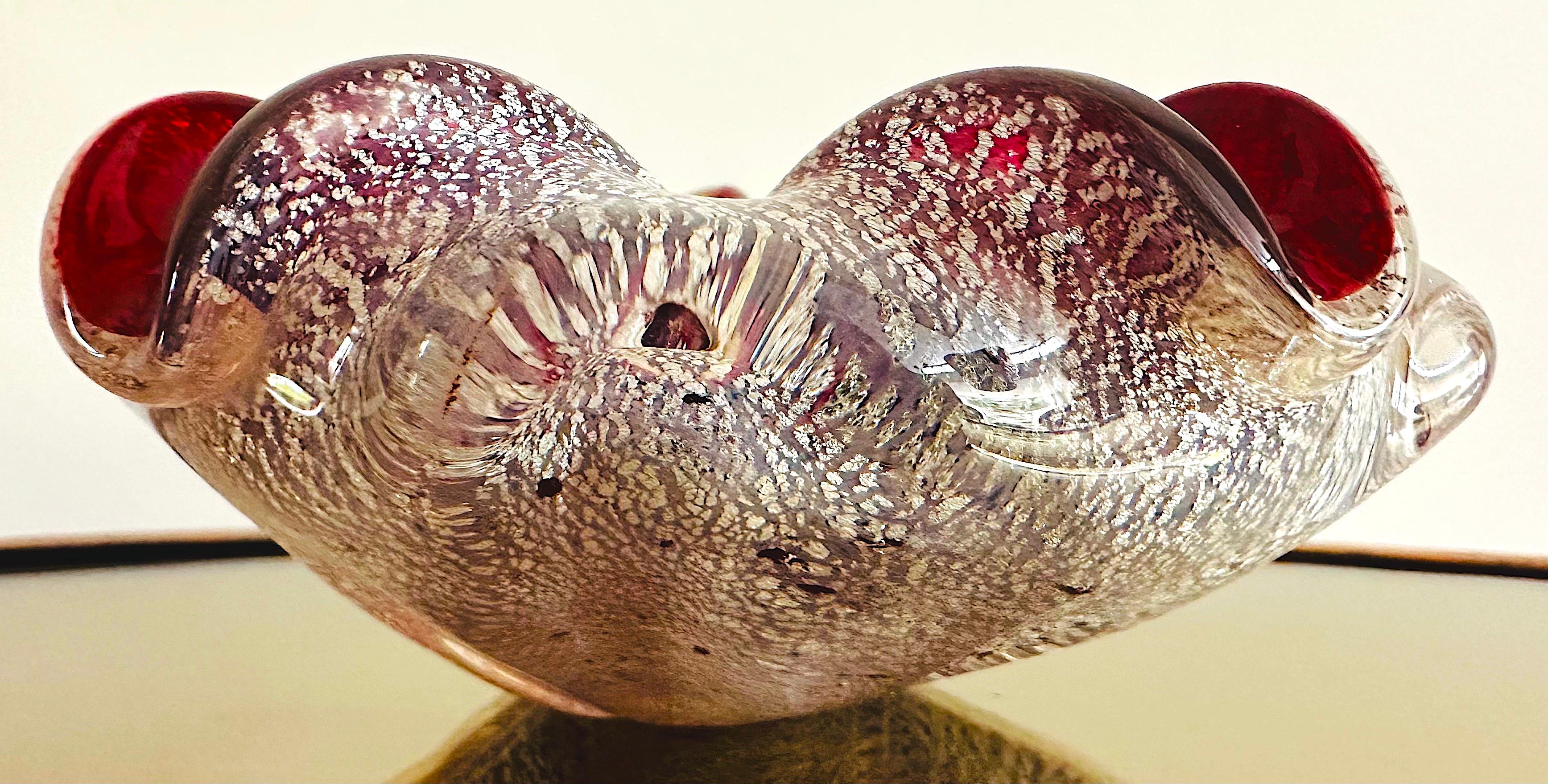 Hand-Carved 1960s Italian Barovier & Taso Murano Glass Ruby Red & Silver Inclusions Bowl For Sale