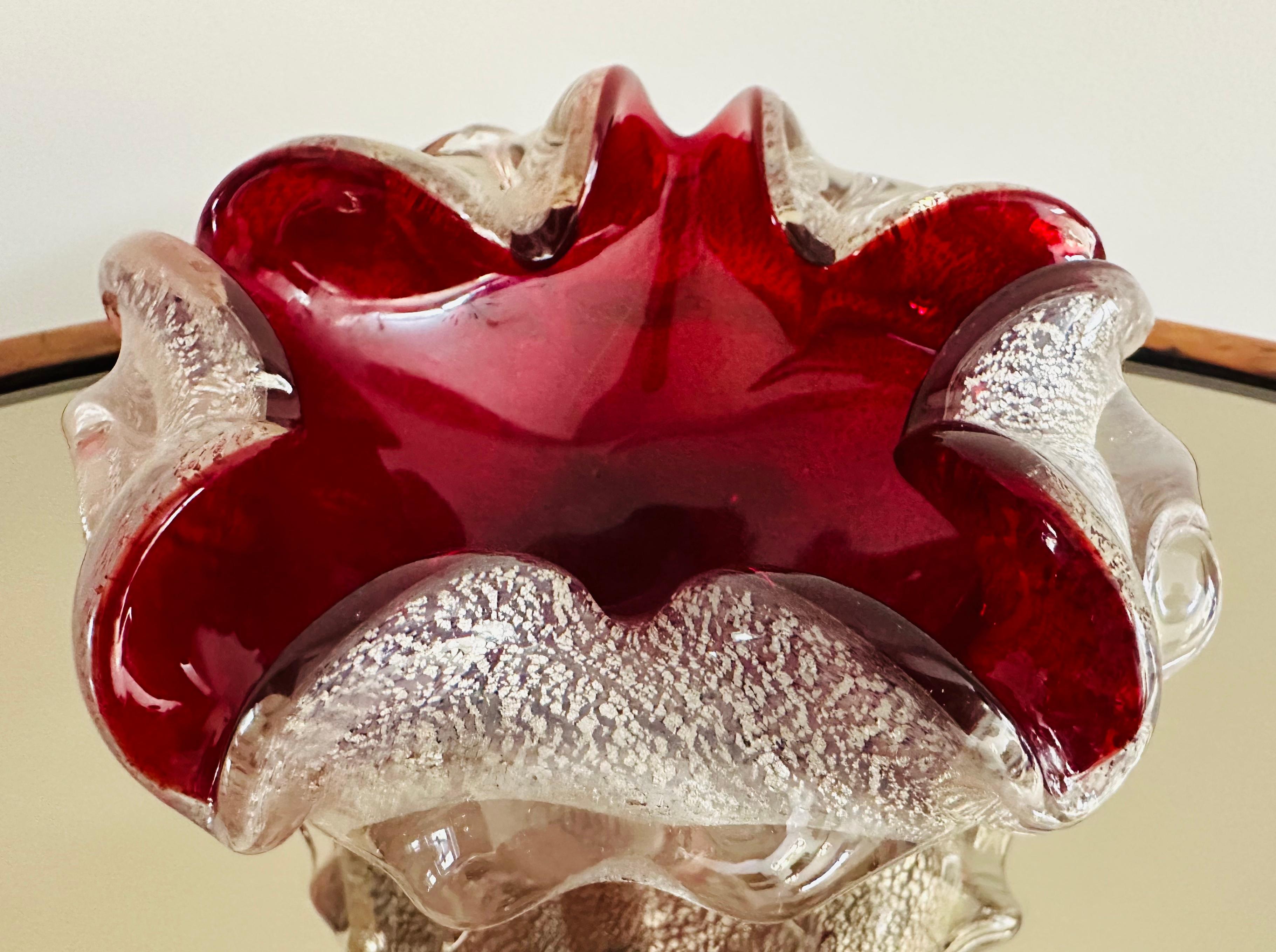 1960s Italian Barovier & Taso Murano Glass Ruby Red & Silver Inclusions Bowl For Sale 1