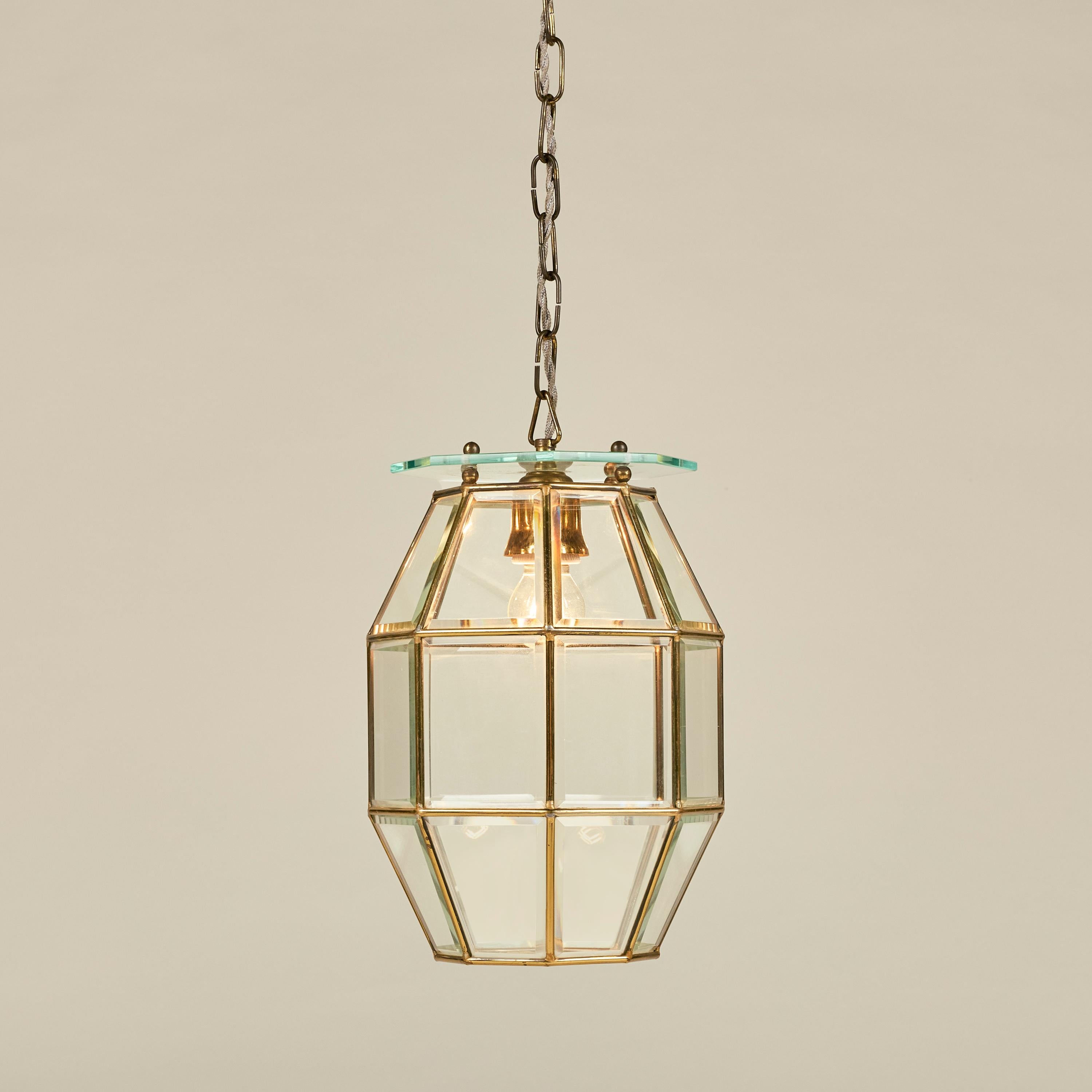 Brass 1960s Italian beveled glass and brass pendant lantern attributed to Fontana Arte For Sale