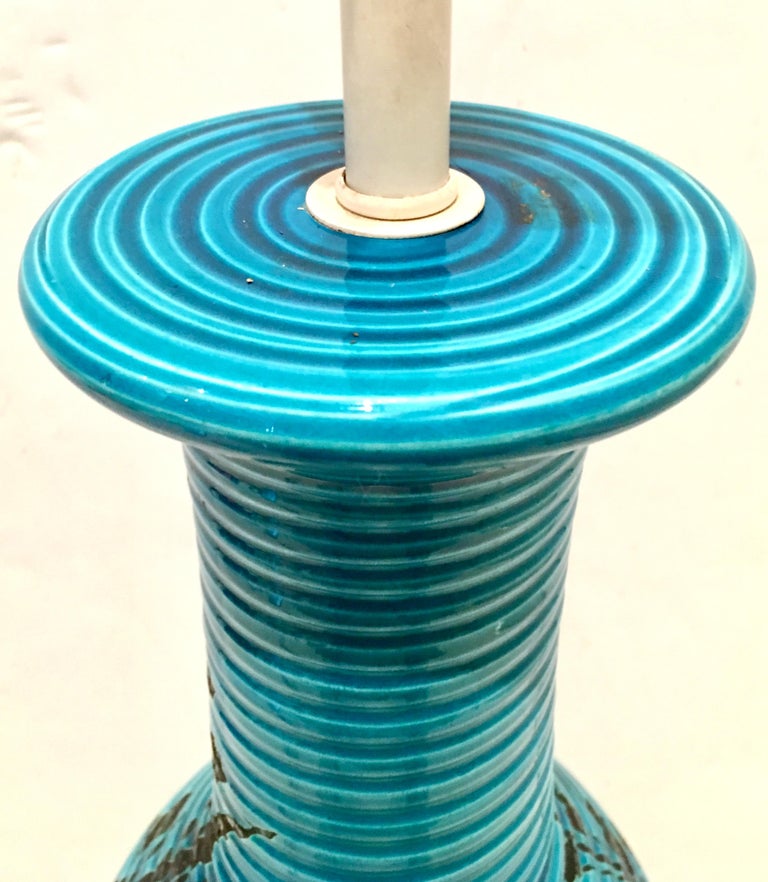 1960'S Italian Cerulean and Black Ceramic Glaze Pottery Lamp By