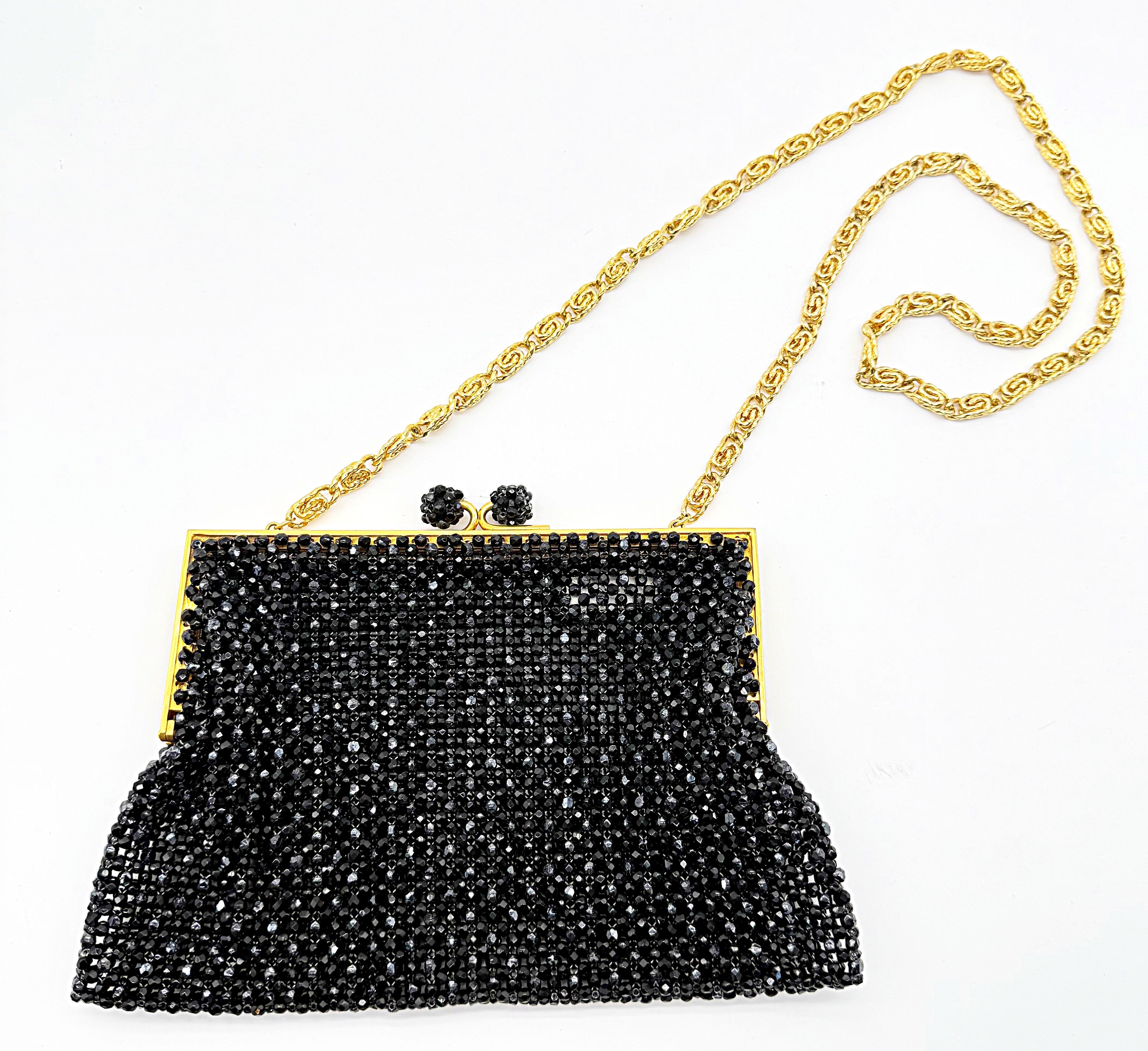 1960s Italian Black + Gold Beaded Vintage 60s Evening Bag Handbag Purse For Sale 2