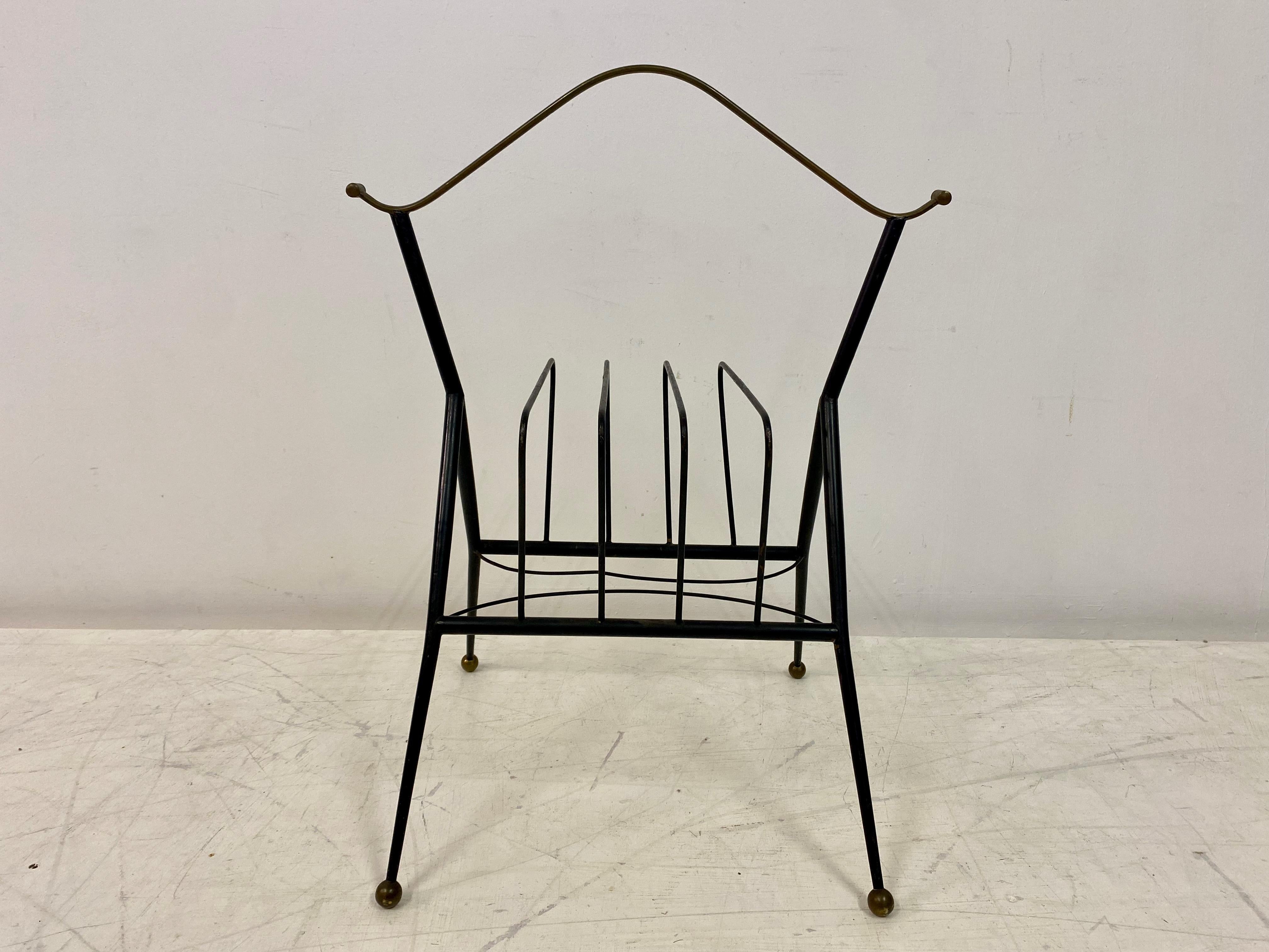 Mid-Century Modern 1960s Italian Black Metal and Brass Magazine Rack For Sale